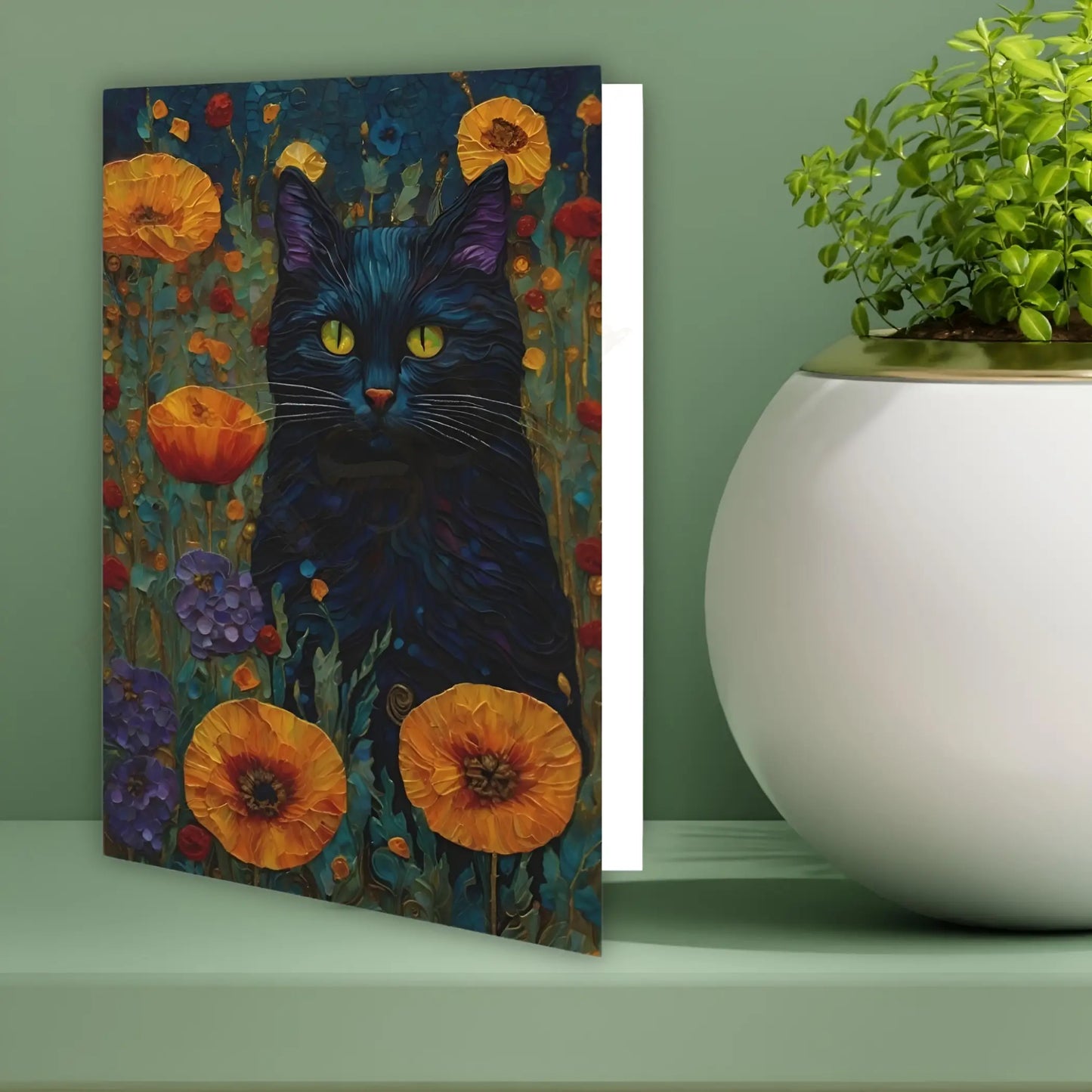 Black Cat and Marigolds Greeting Card. Ships from Australia. - All occasion cards