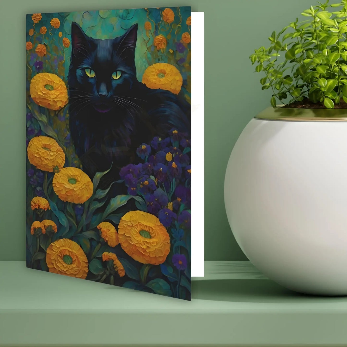 Black Cat among Marigolds Greeting Card. Ships from Australia. - All occasion cards