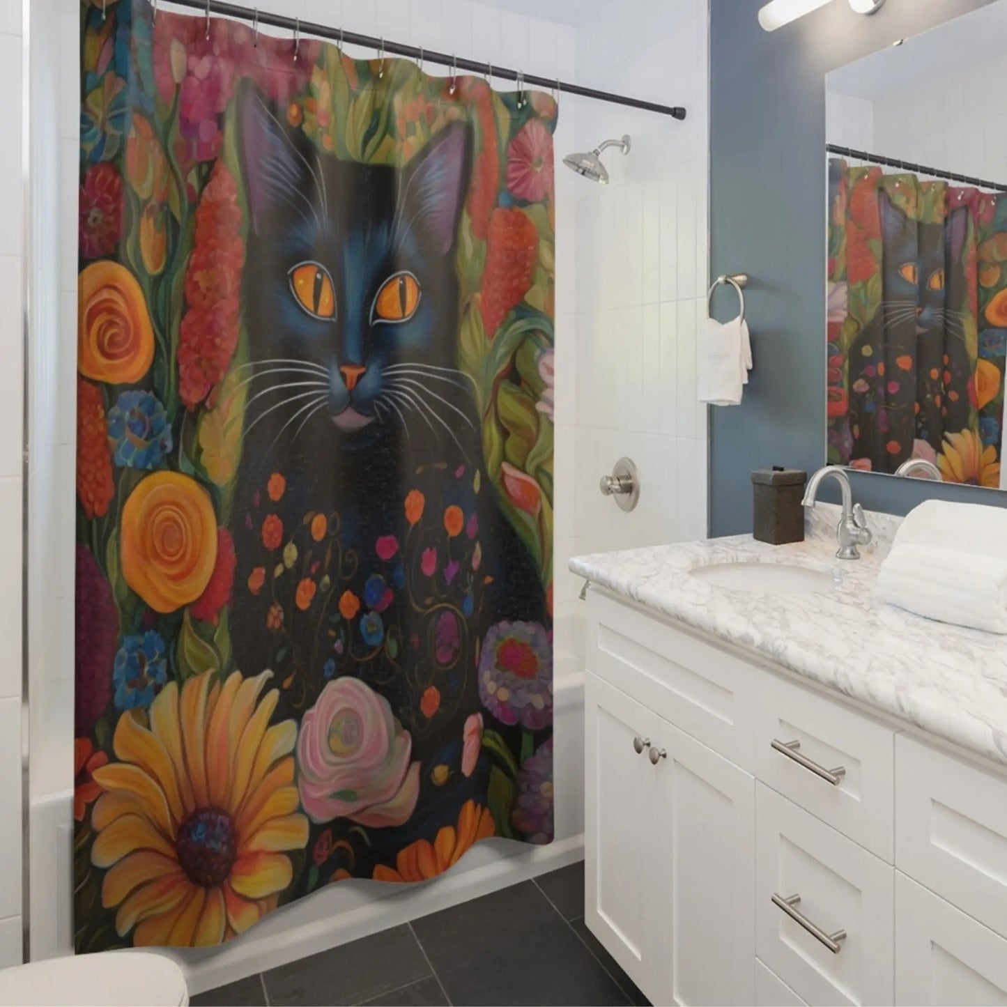 Black Cat Shower Curtain. - 71’’ × 74’’ - Shower curtain