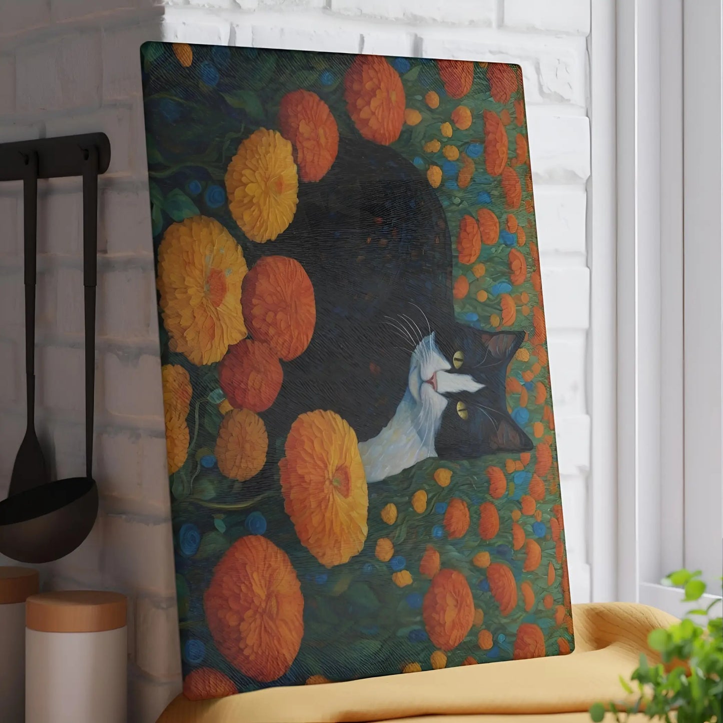 Cat Among Marigolds Glass Cutting Board - Home Decor