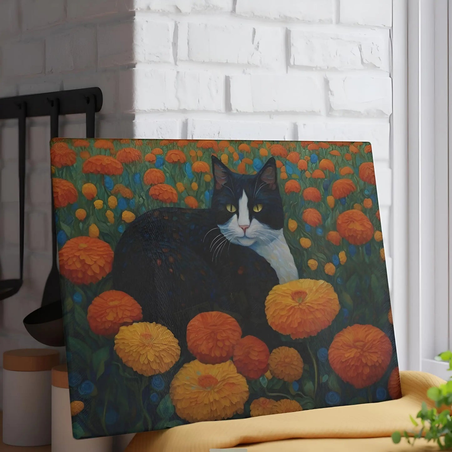 Cat Among Marigolds Glass Cutting Board - 11’’ x 15’’ / Rectangle - Home Decor