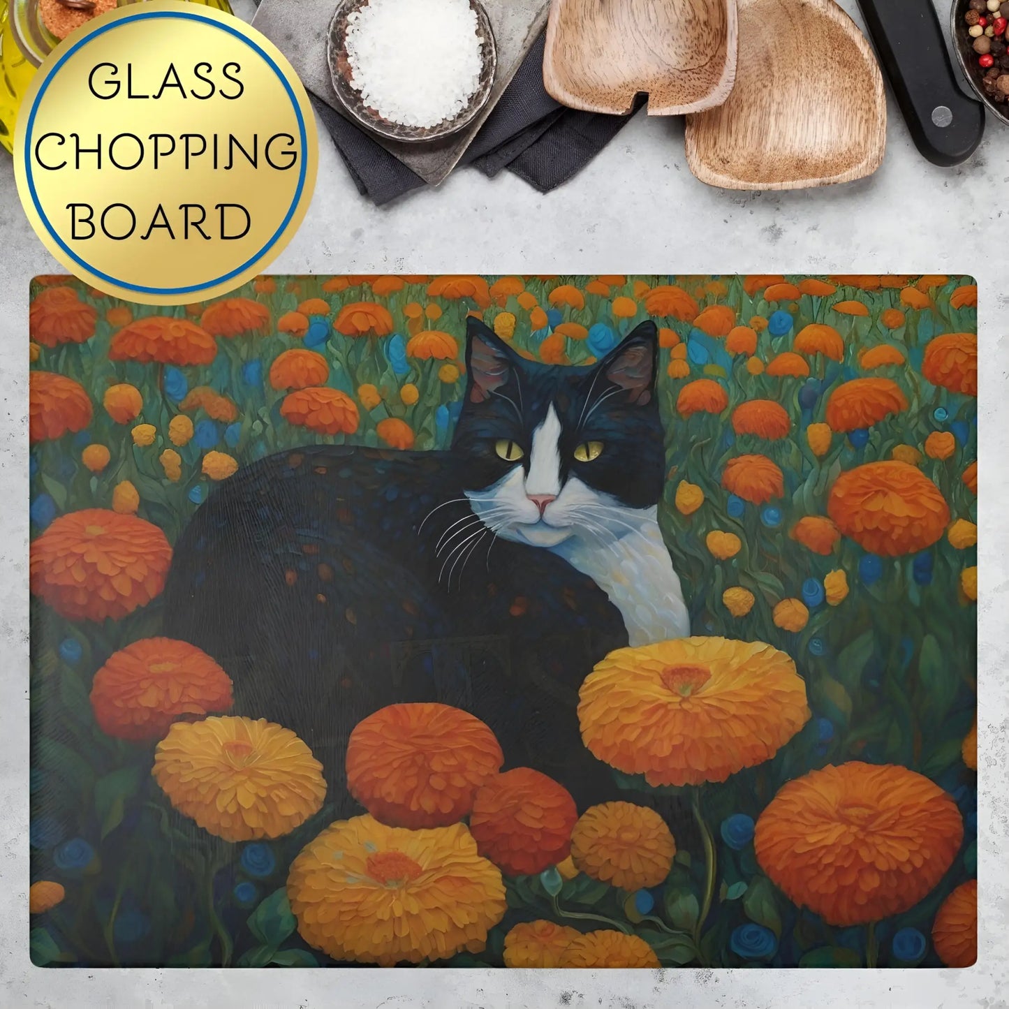 Cat Among Marigolds Glass Cutting Board - Home Decor