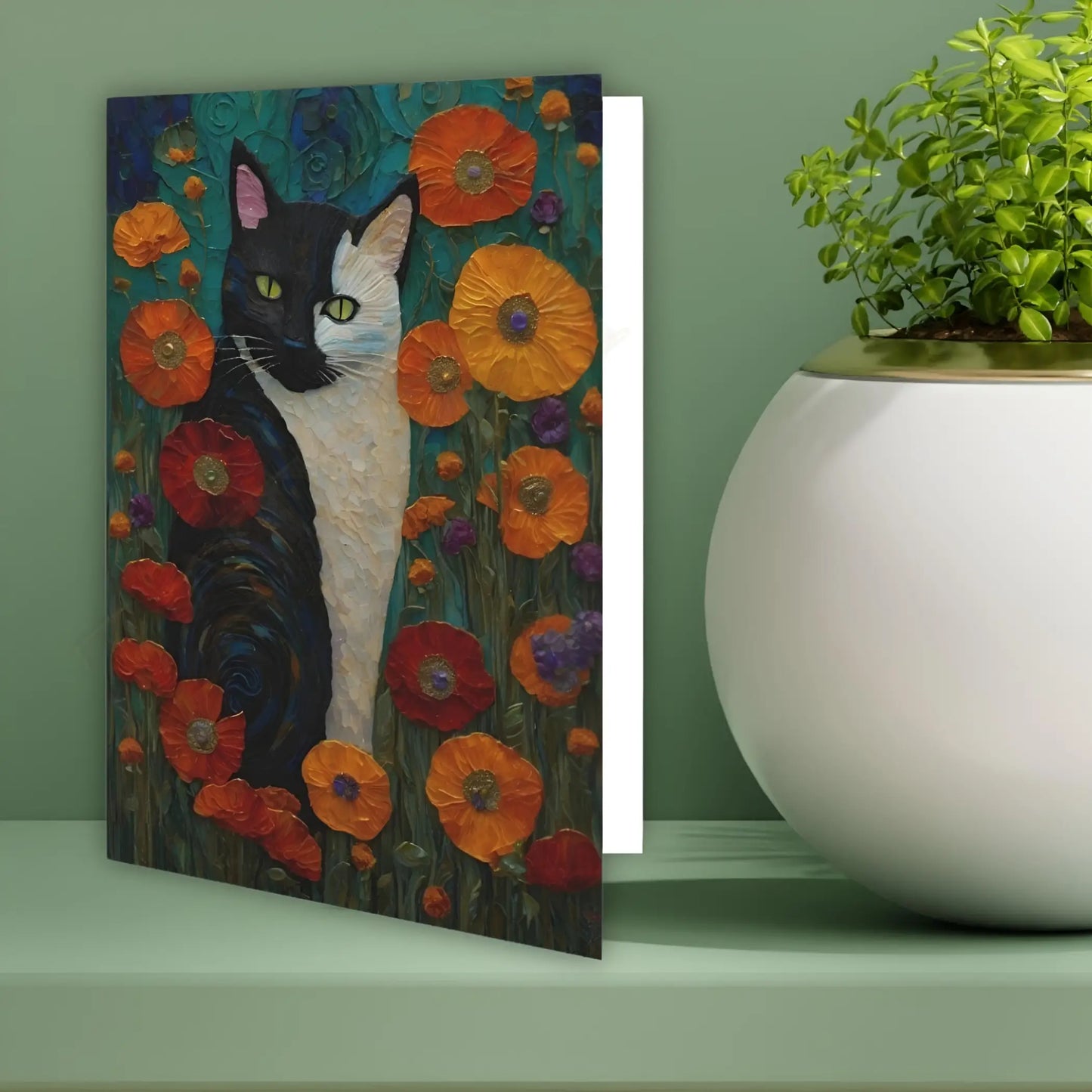 Black and White Cat among Poppies Greeting Card. Ships from Australia. - All occasion cards