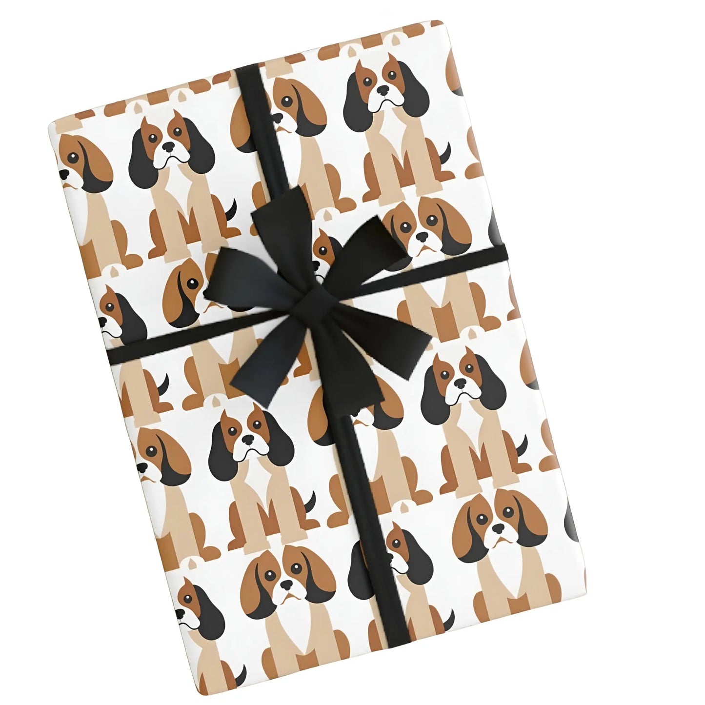 White with beige, brown, black, white geometric style Cavalier King Charles dogs. View of wrapped gift with black ribbon