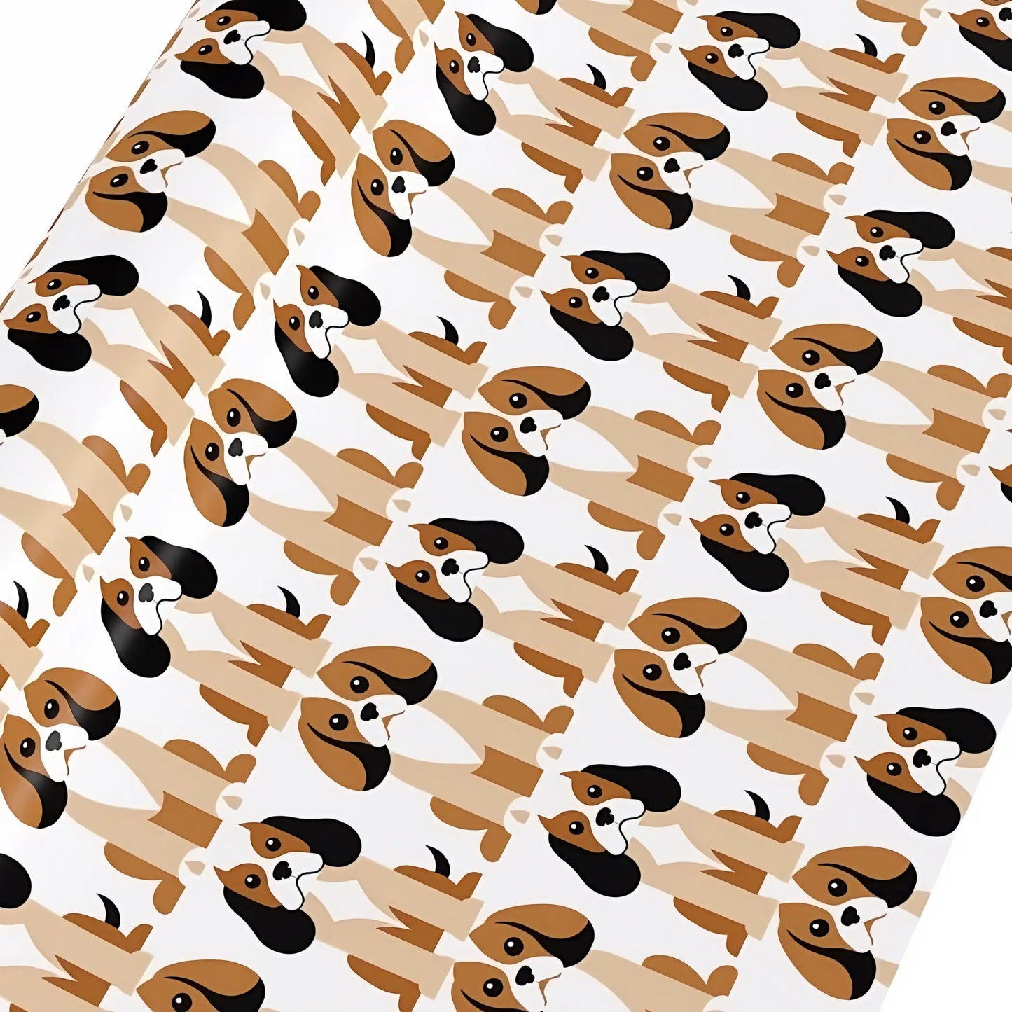 White with beige, brown, black, white geometric style Cavalier King Charles dogs. Flat lay closeup.