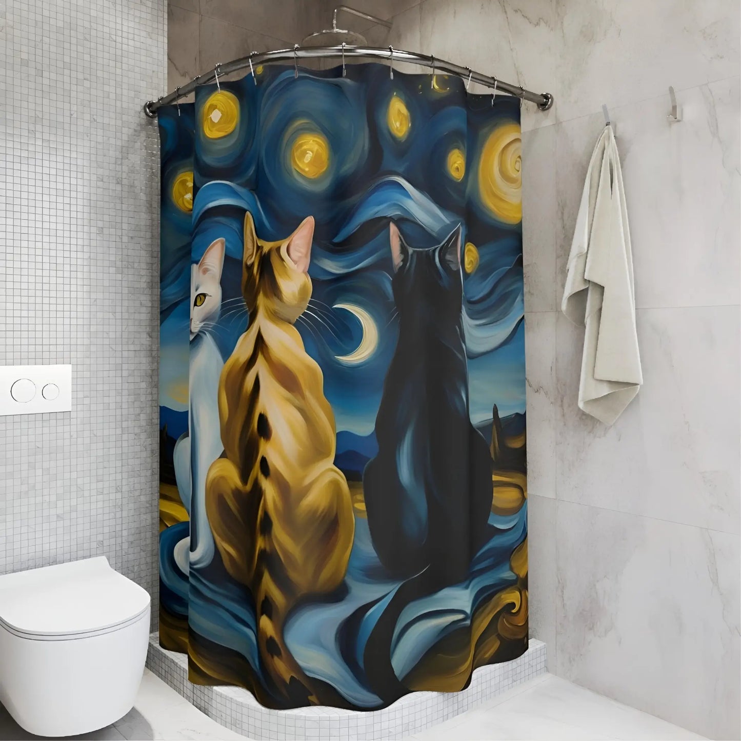 Starry Night Cats Shower Curtains. - 71’’ × 74’’ - Shower Curtains
