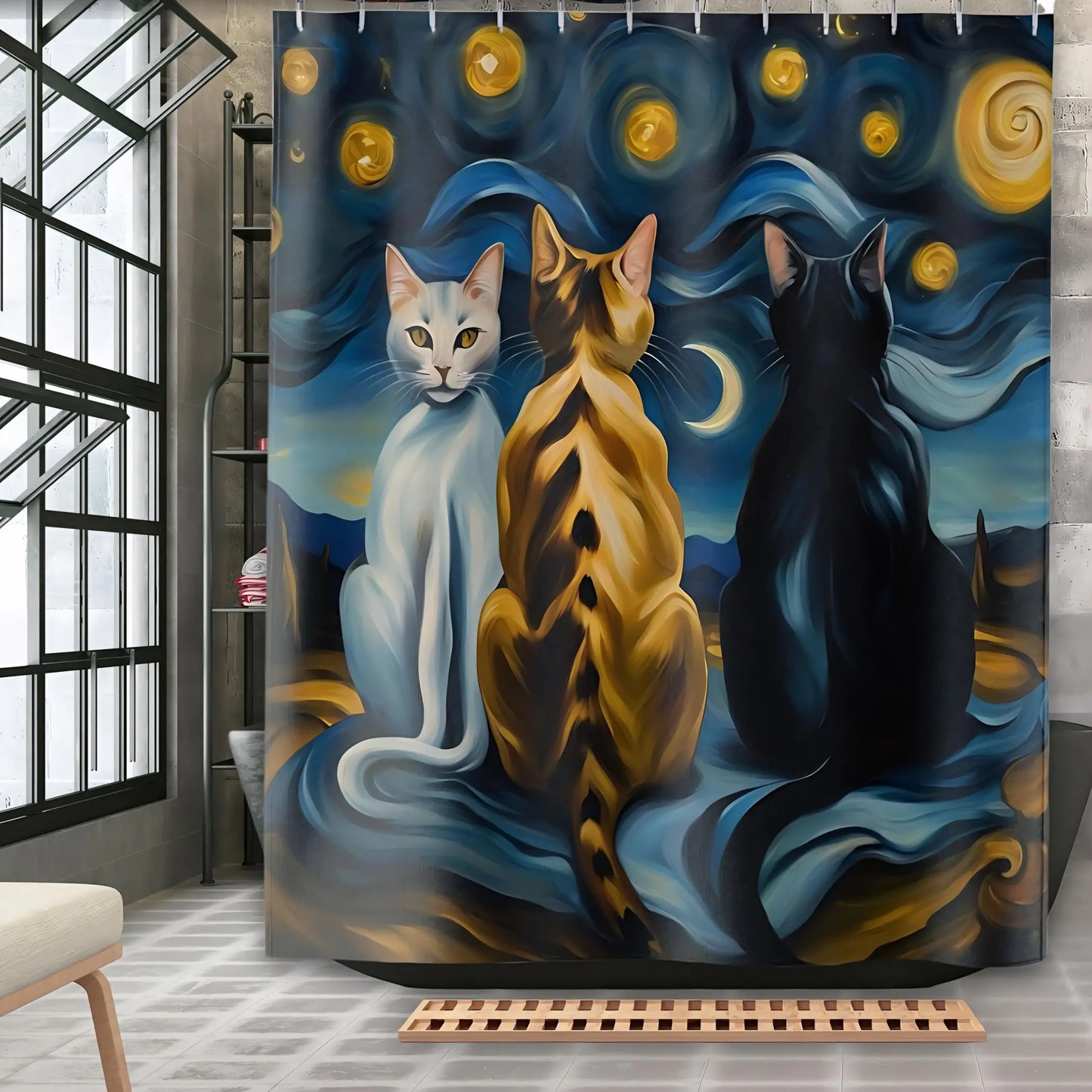 Starry Night Cats Shower Curtains. - 71’’ × 74’’ - Shower Curtains