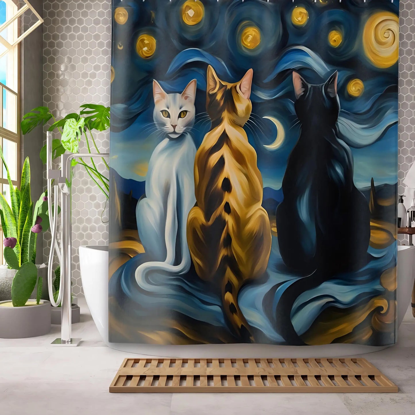 Starry Night Cats Shower Curtains. - 71’’ × 74’’ - Shower Curtains