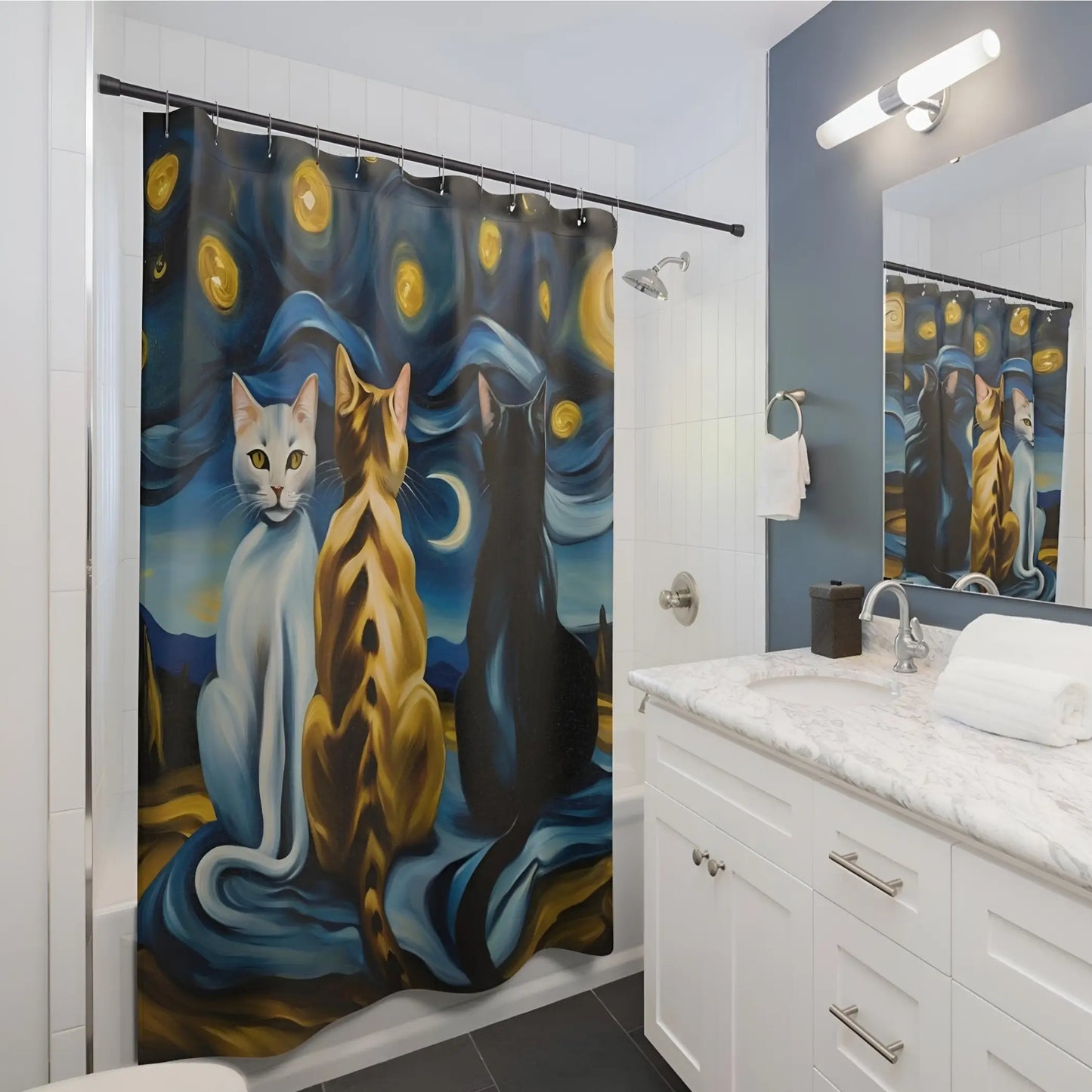 Starry Night Cats Shower Curtains. - 71’’ × 74’’ - Shower Curtains