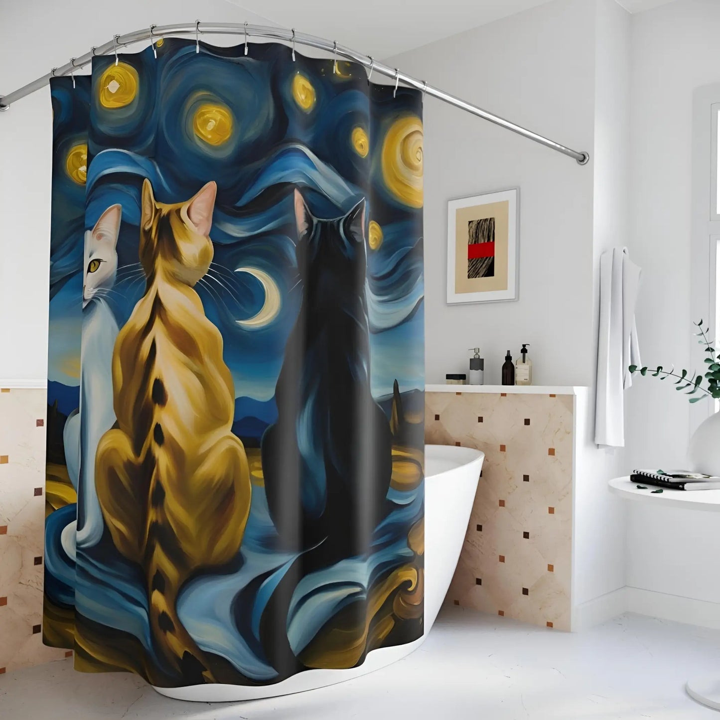 Starry Night Cats Shower Curtains. - 71’’ × 74’’ - Shower Curtains