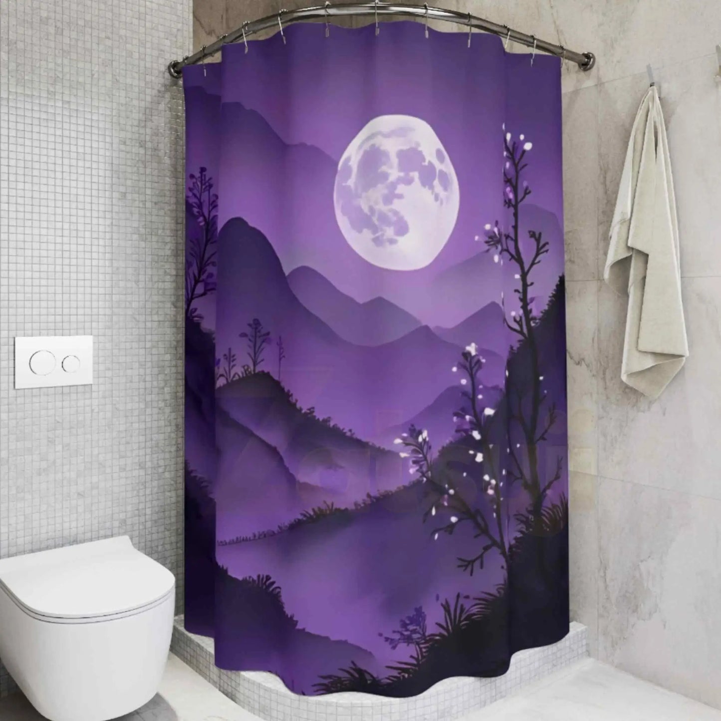 Purple Mountain Moon Shower Curtain. - 71’’ × 74’’ - Home Decor