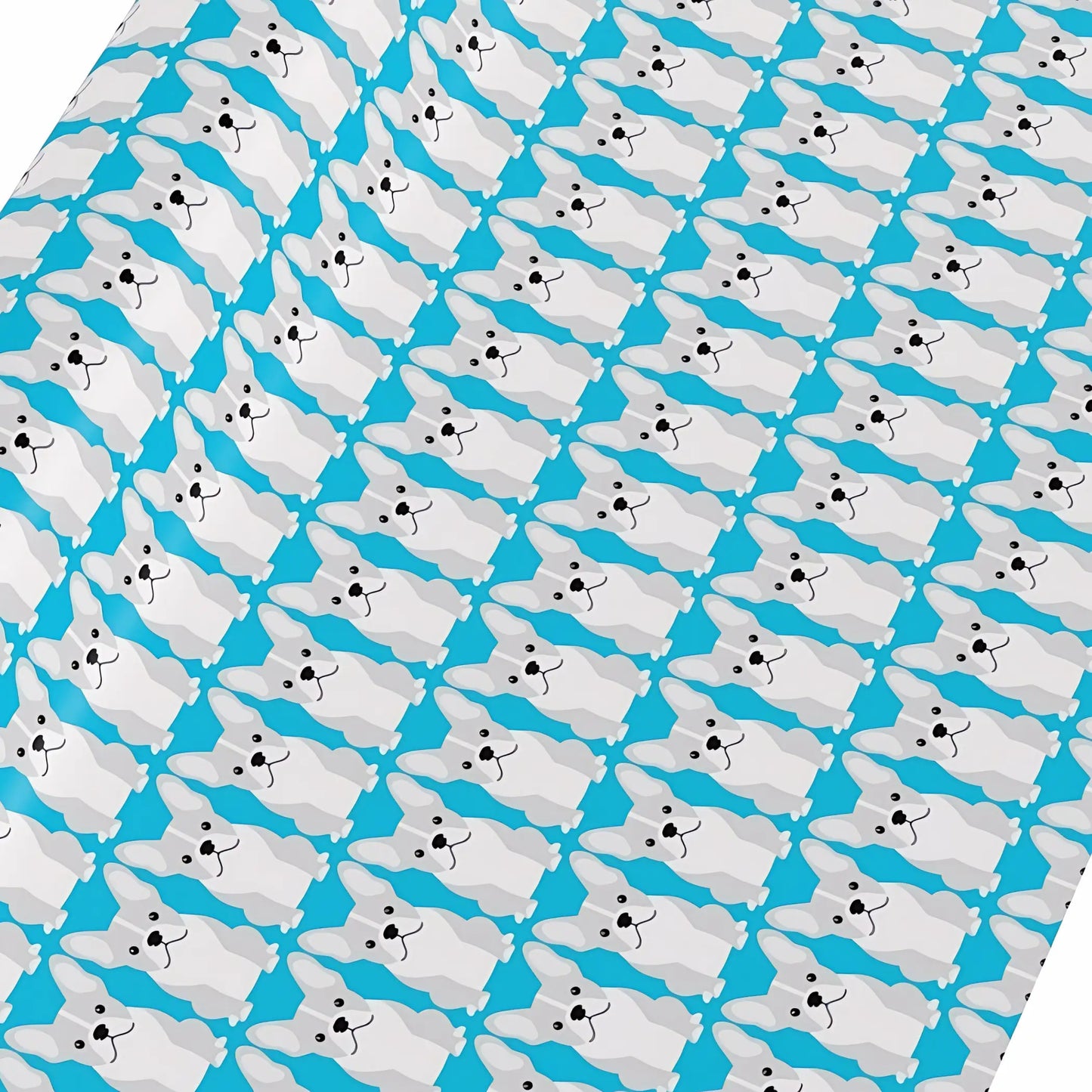 Turquoise with pale gray geometric style French bulldog repeated in rows. Flat lay close up