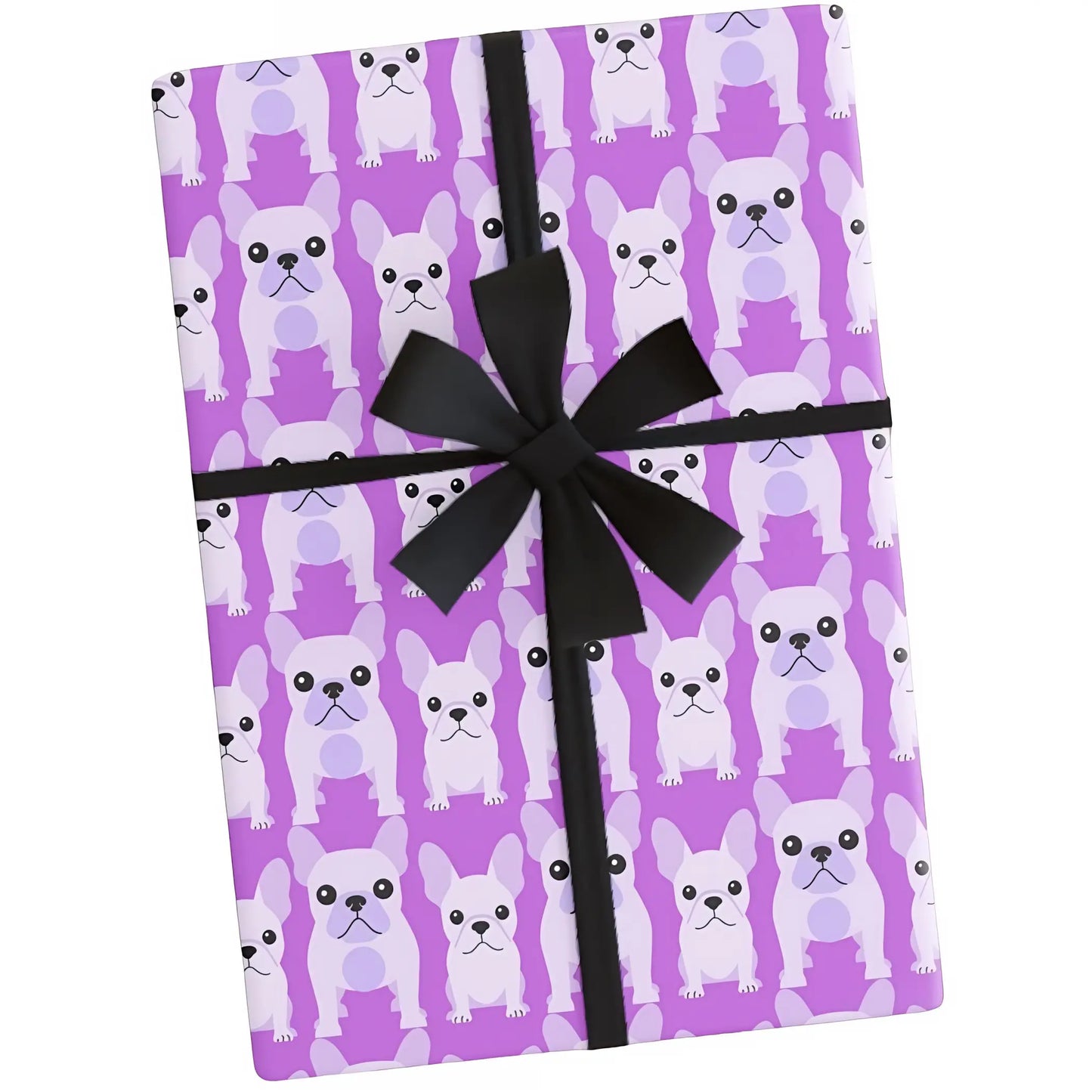 Pink with pale mauve rounded geometric style French Bulldog and puppy in rows. View of wrapped gift.