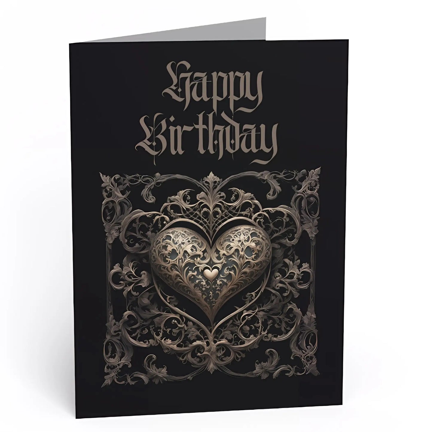 Black with gold filligree heart and gold gothic text