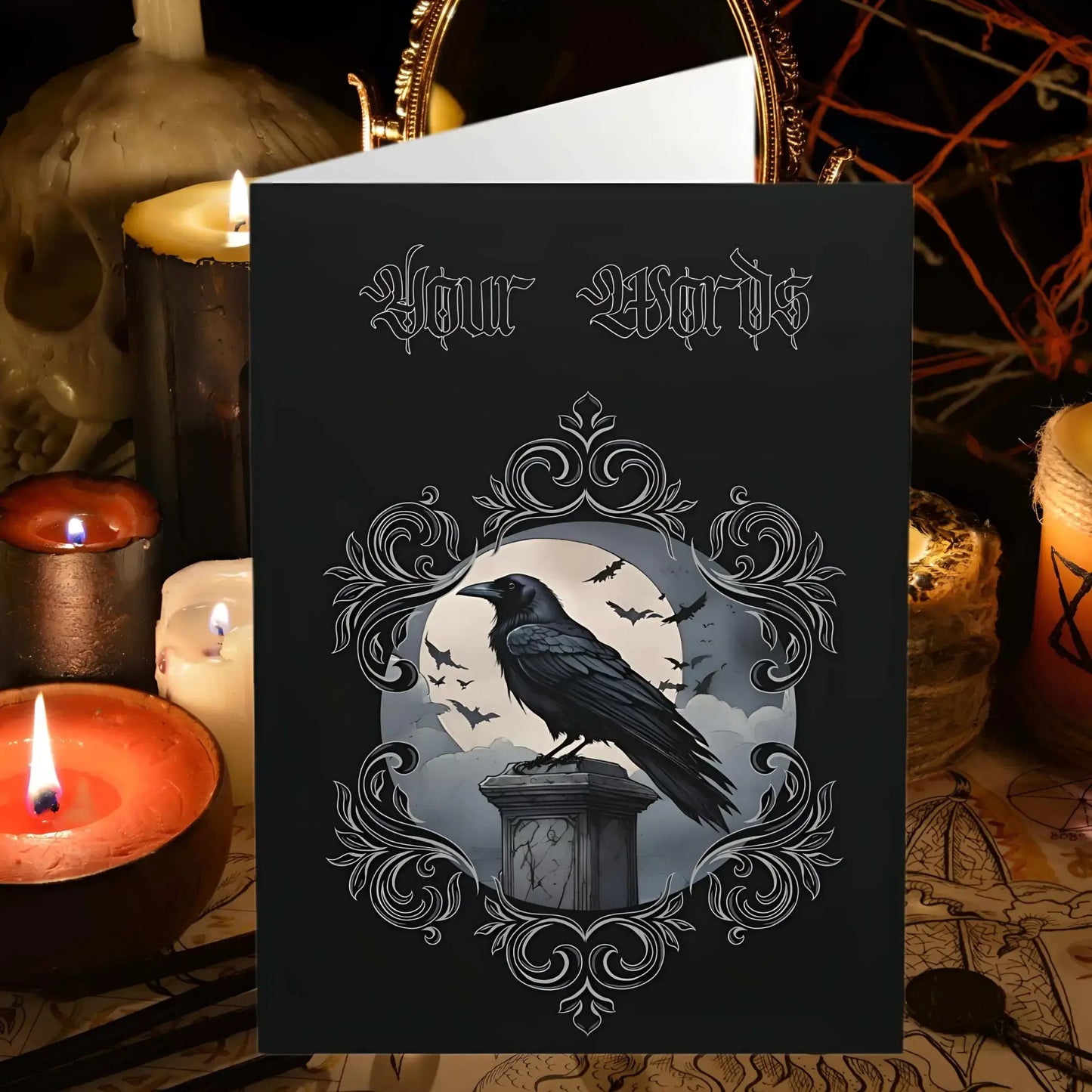 Gothic Dark Raven Customizable Greeting Cards (5 Pack) - 5.8” x 8.2” / Semi Glossy / 5 pcs - Personalized Gothic Cards