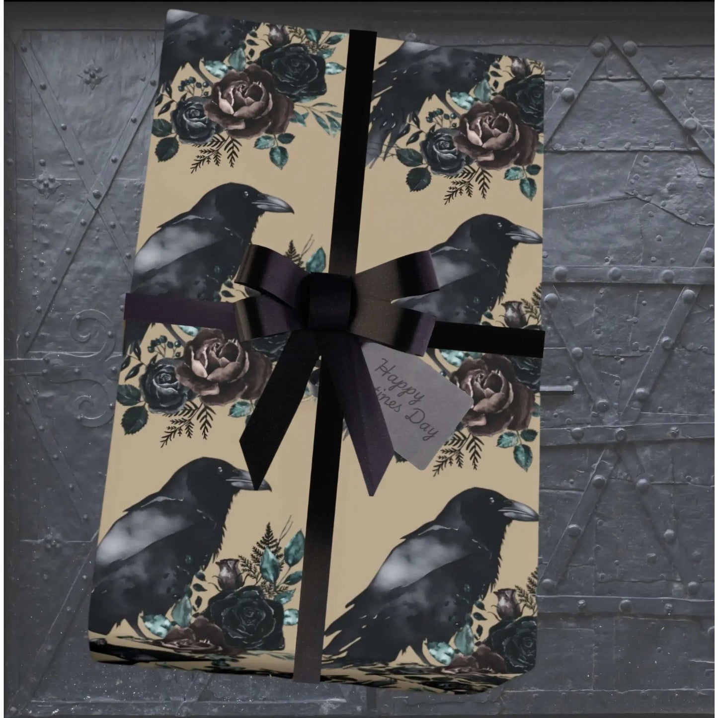 Gothic ravens and roses wrapping paper beige