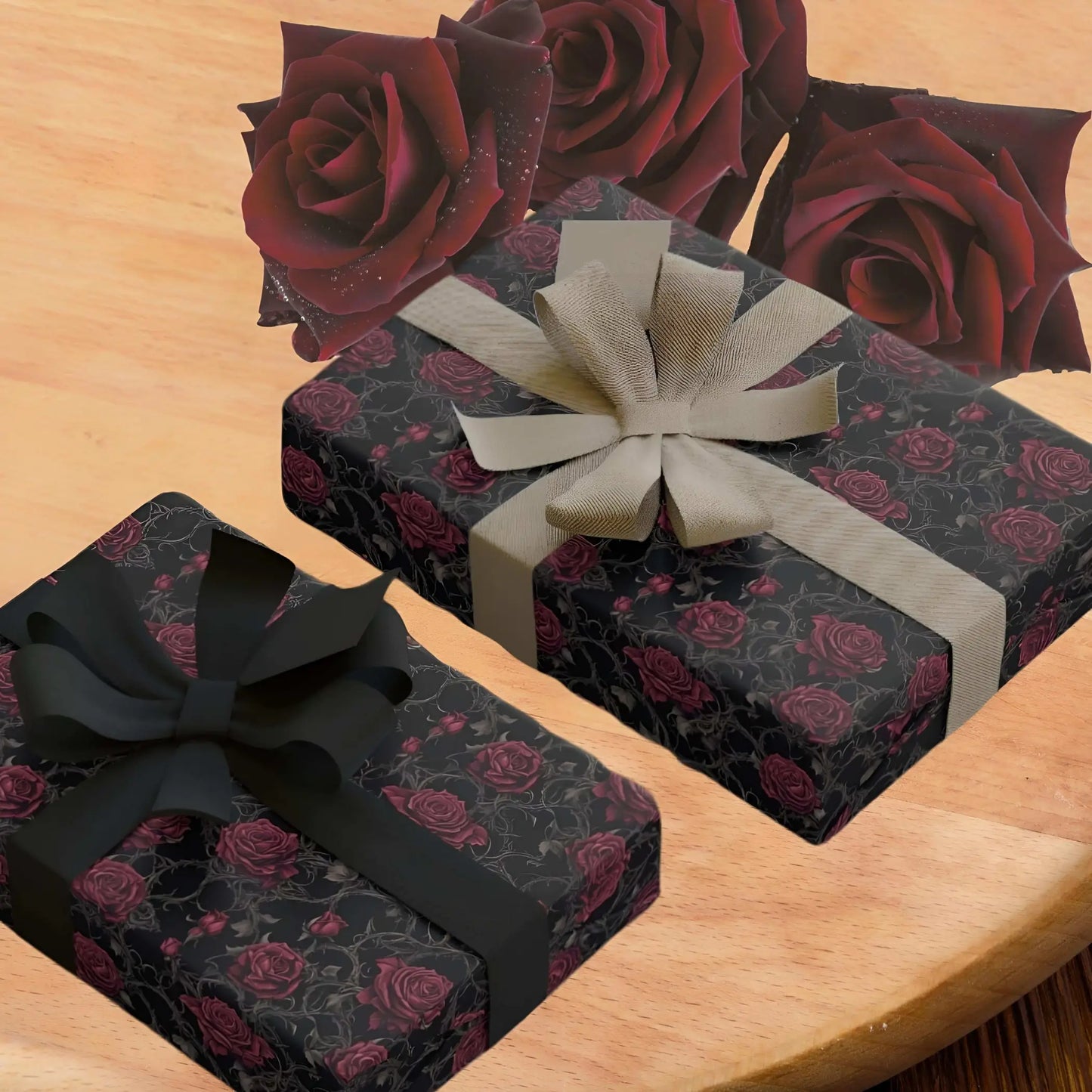 Black paper with small red roses