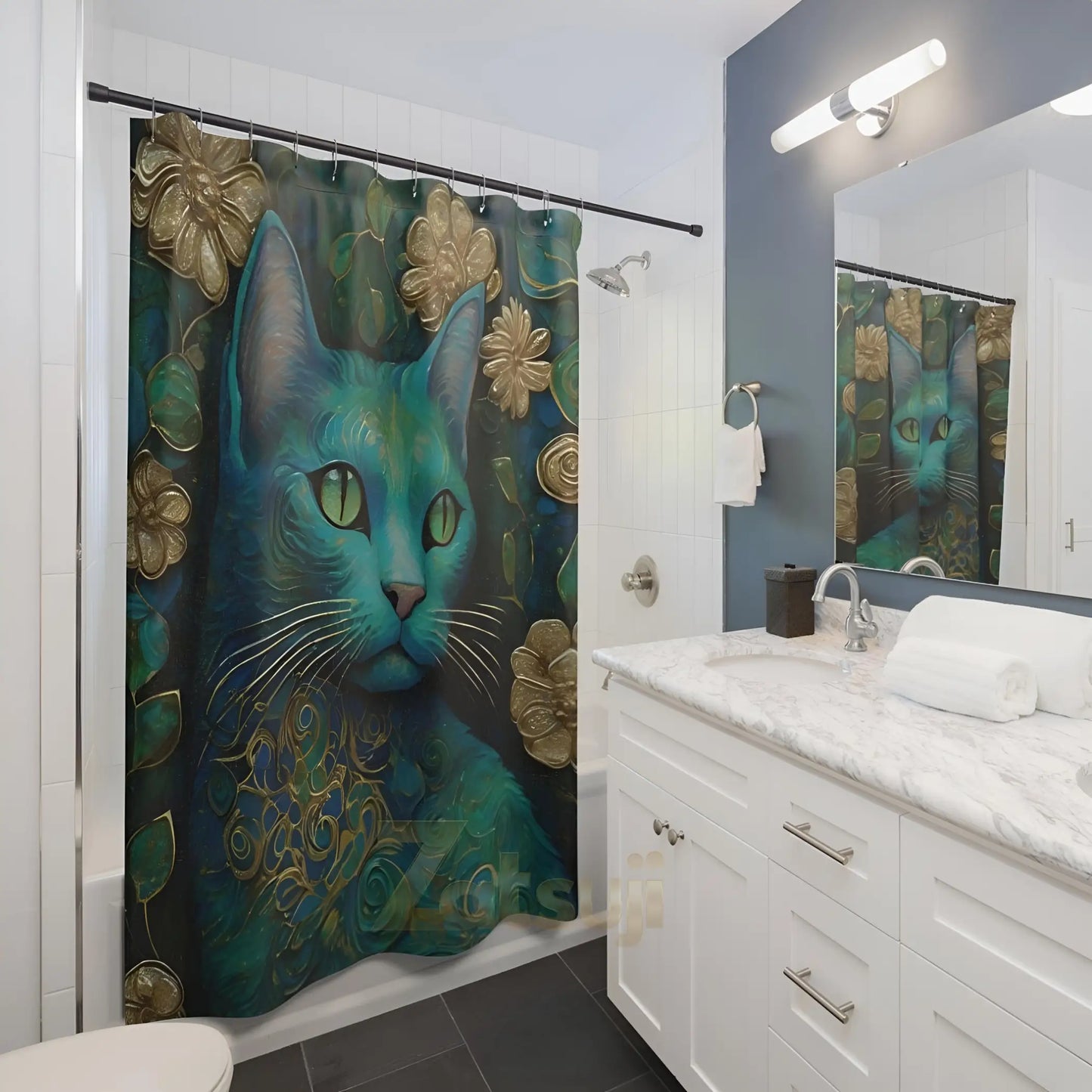 Klimt Style Cat Shower Curtain. - 71’’ × 74’’ - Home Decor