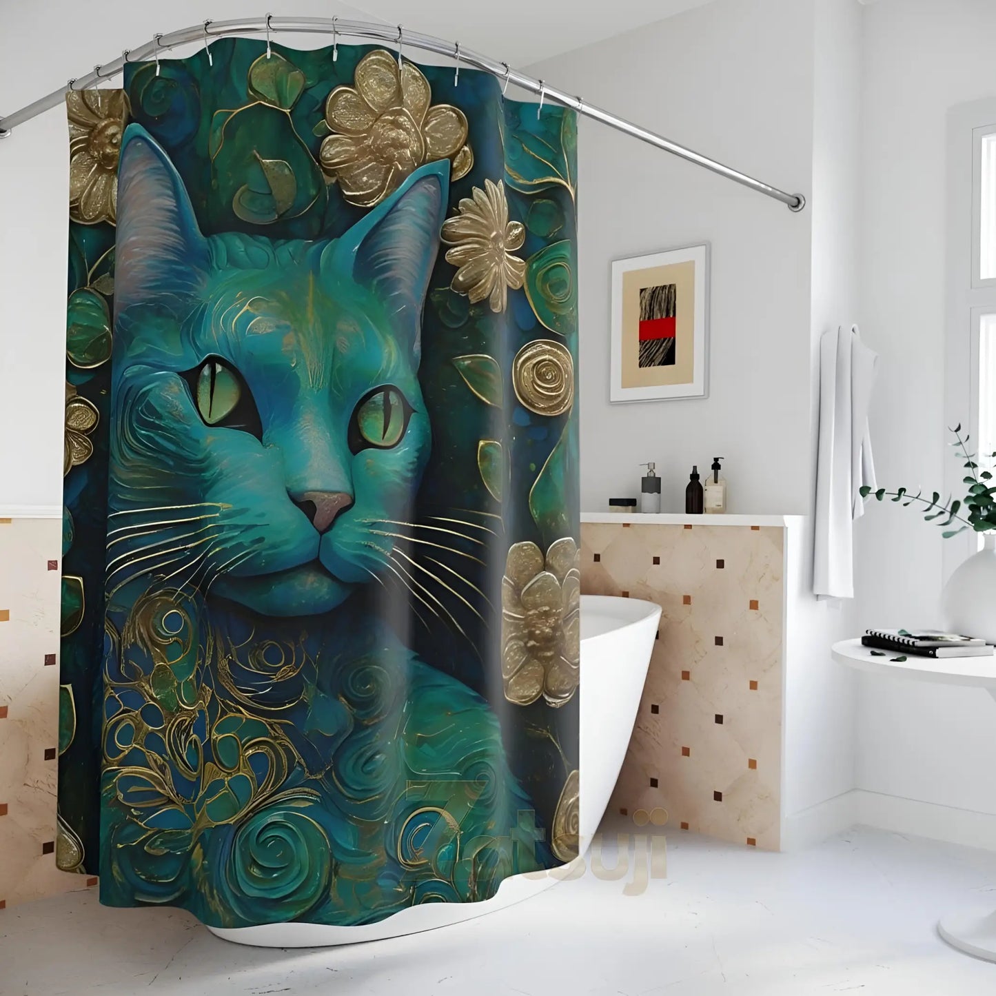 Klimt Style Cat Shower Curtain. - 71’’ × 74’’ - Home Decor