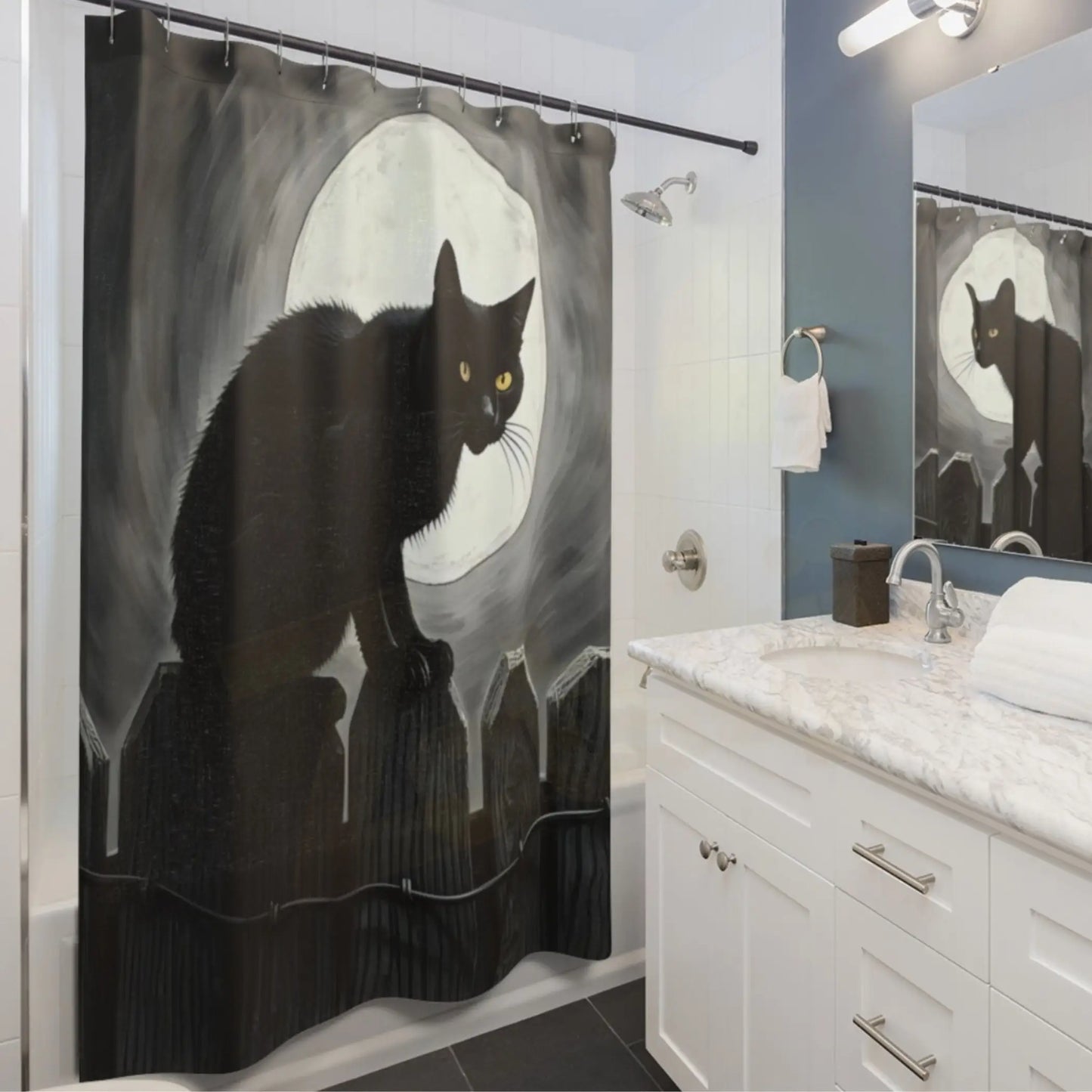 Moonlight Black Cat Shower Curtain. - 71’’ × 74’’ - Home Decor