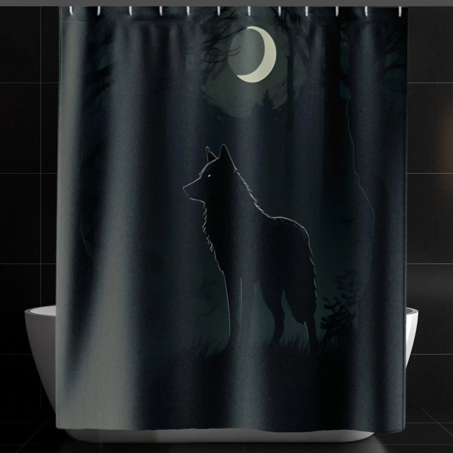 Wolf Under Crescent Moon Shower Curtain. - 71’’ × 74’’ - Shower curtain