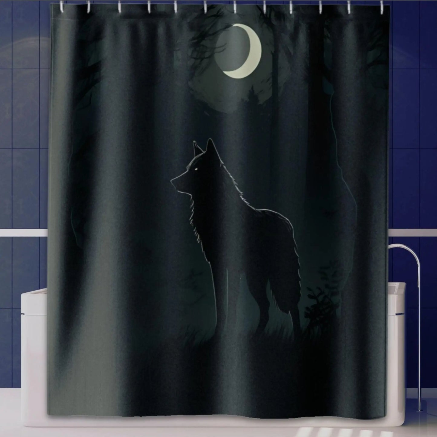 Wolf Under Crescent Moon Shower Curtain. - 71’’ × 74’’ - Shower curtain