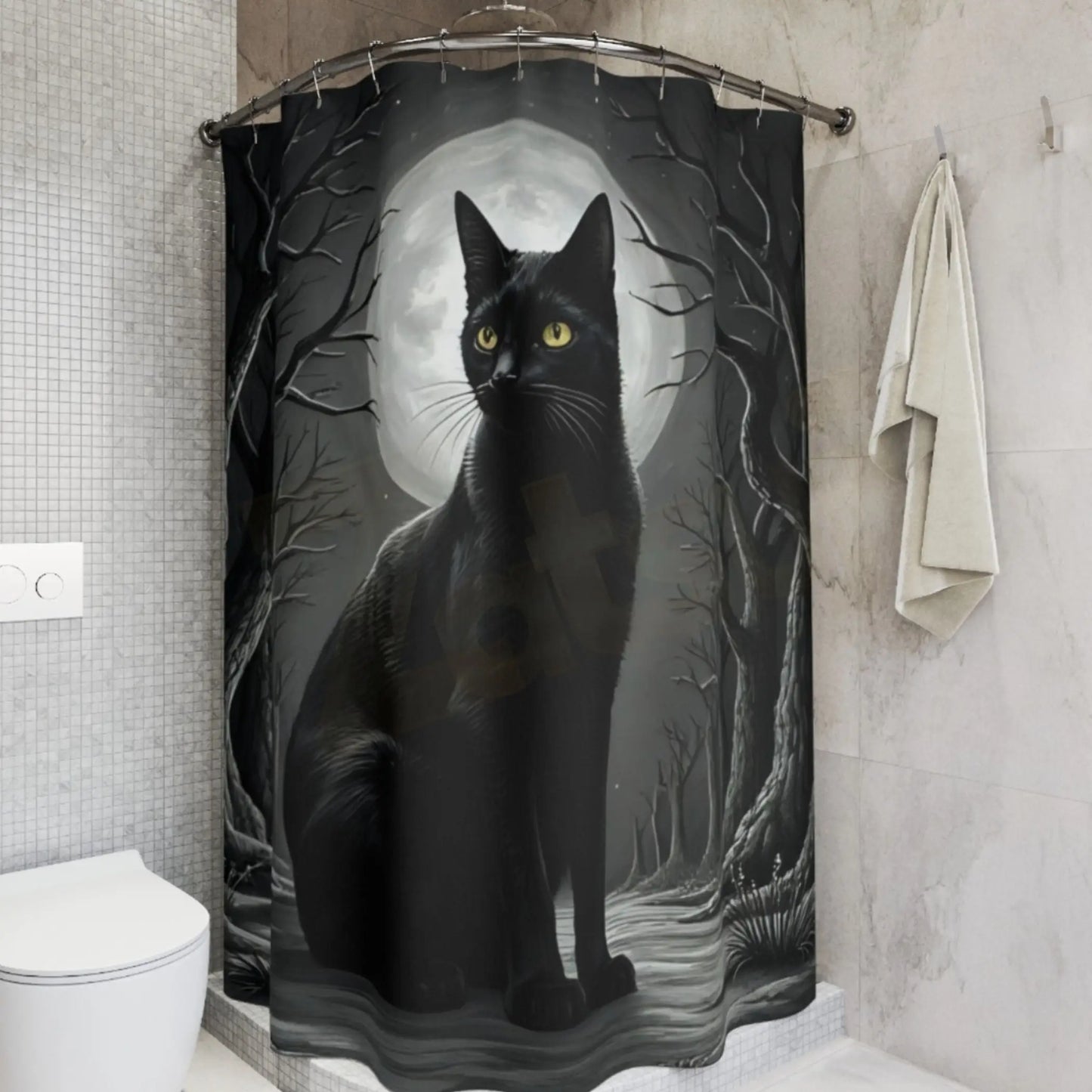 Moonlit Forest Black Cat Shower Curtain. - 71’’ × 74’’ - Shower curtain