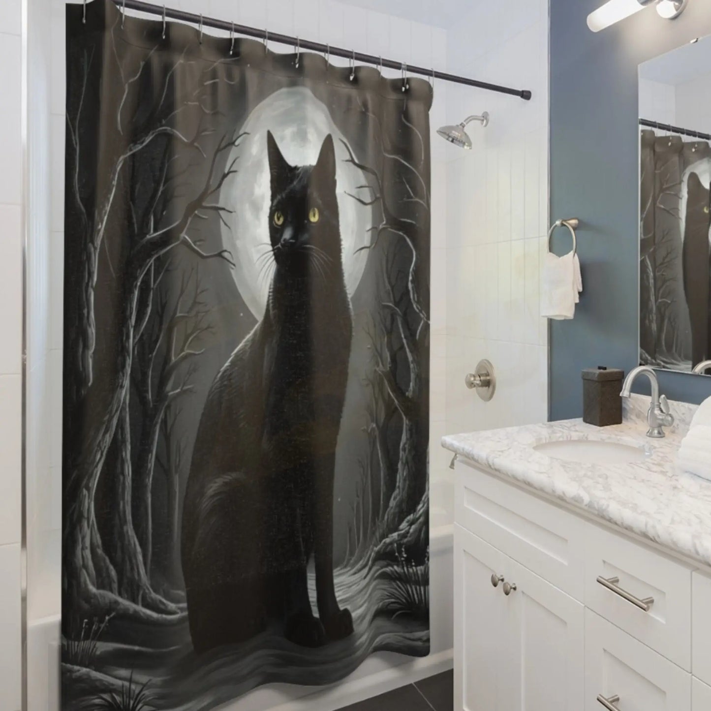 Moonlit Forest Black Cat Shower Curtain. - 71’’ × 74’’ - Shower curtain