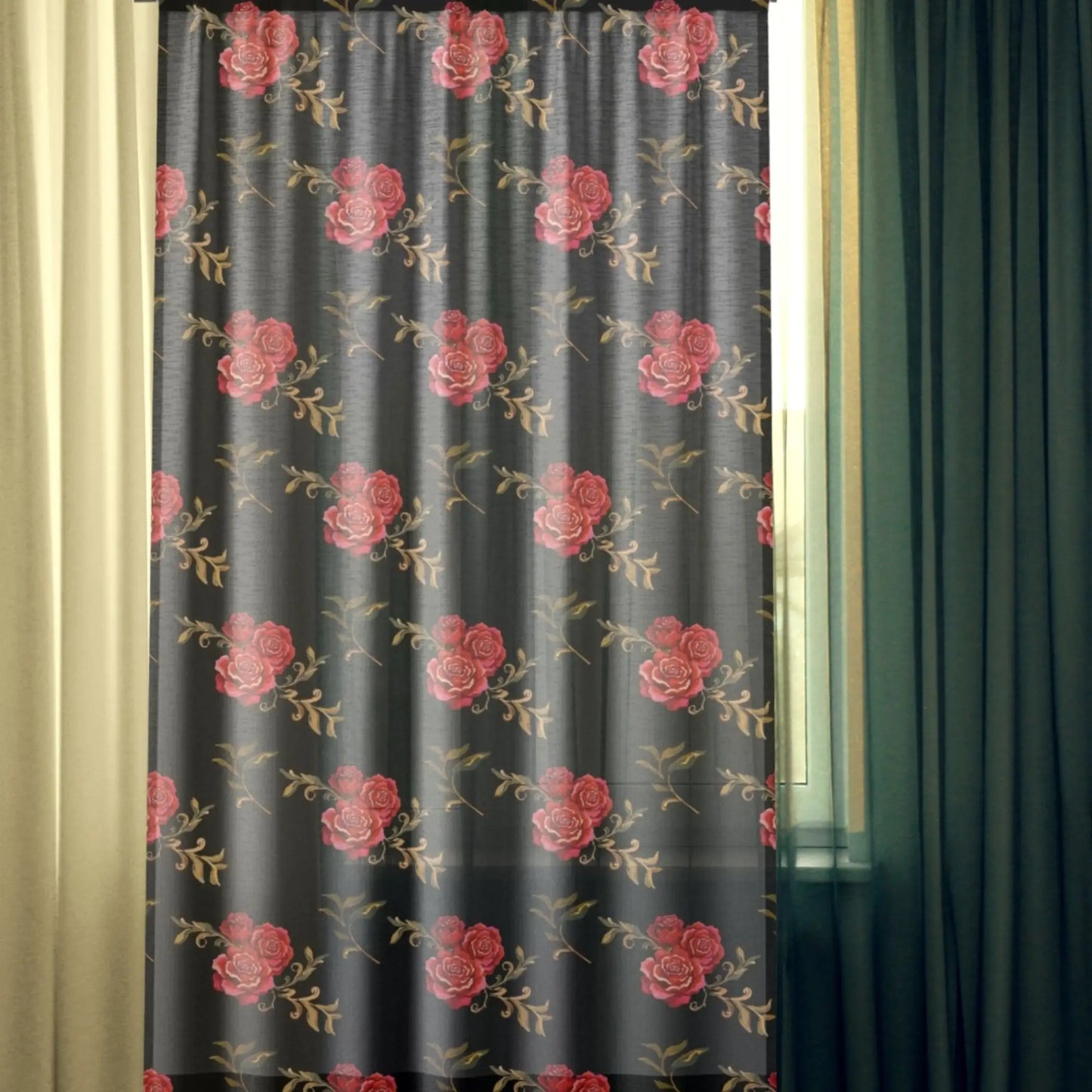 Red Roses Black Sheer Curtain. - Sheer / Black / 50’’ × 84’’ - Sheer curtain