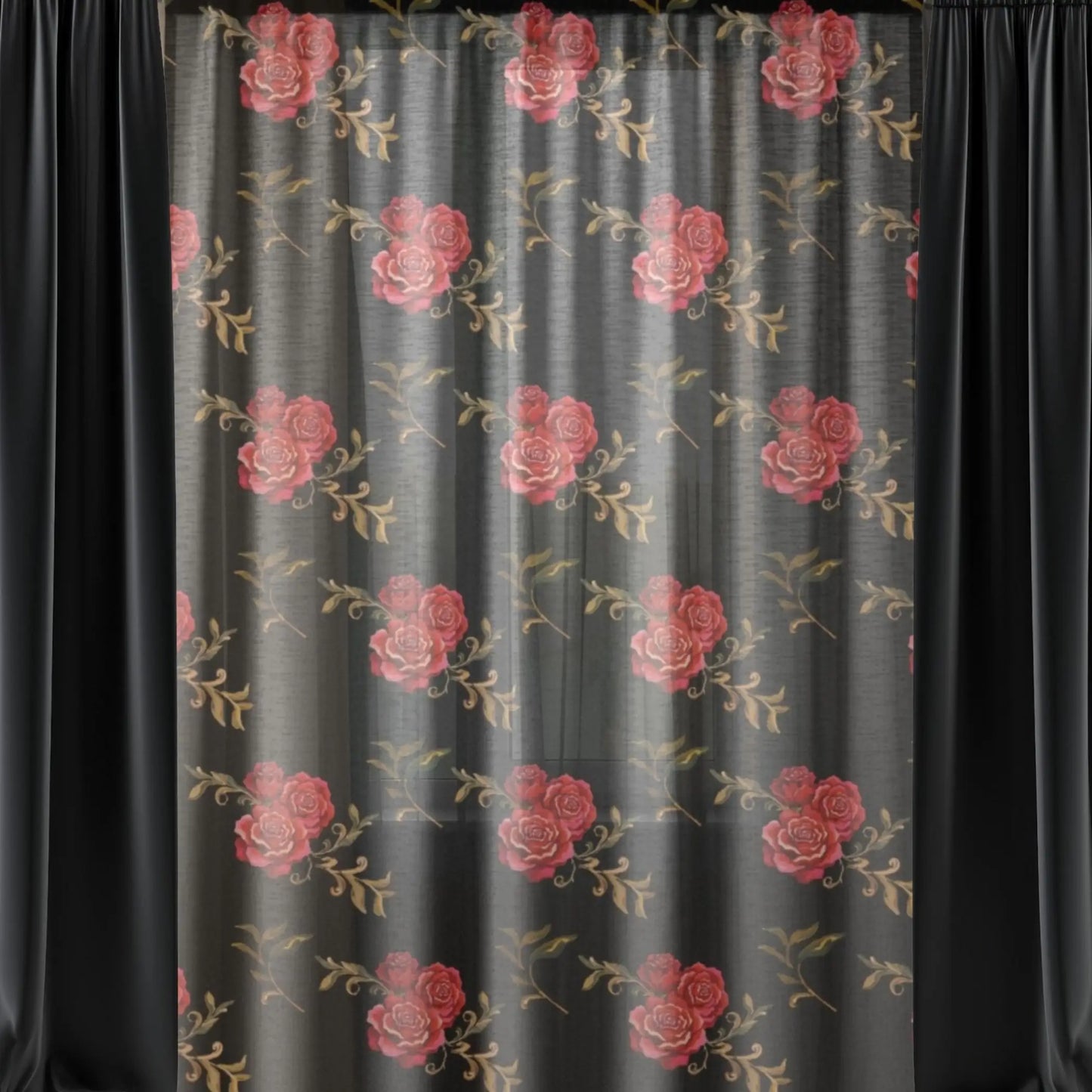 Red Roses Black Sheer Curtain. - Sheer / Black / 50’’ × 84’’ - Sheer curtain