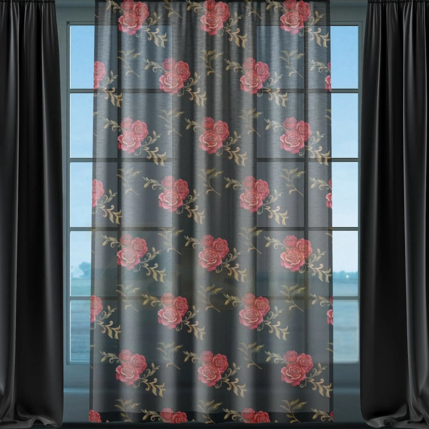 Red Roses Black Sheer Curtain. - Sheer / Black / 50’’ × 84’’ - Sheer curtain