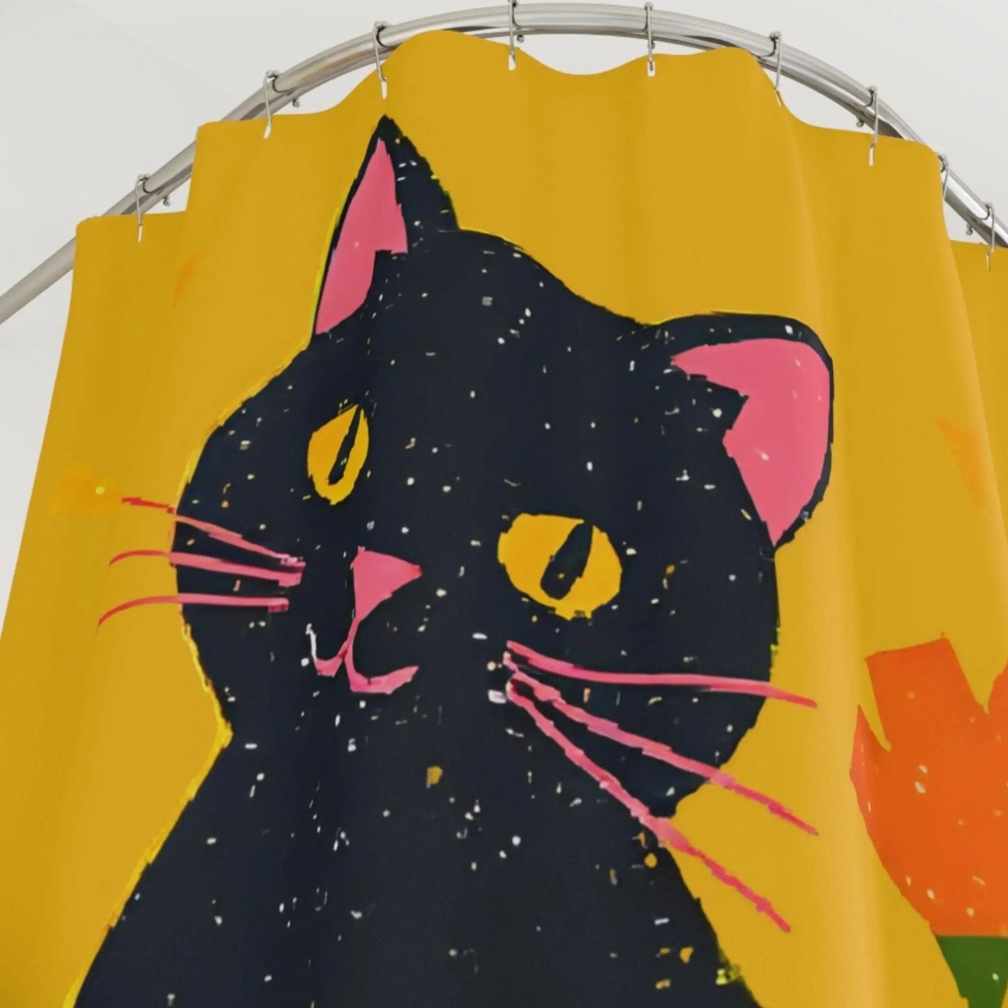 Yellow Retro Black Cat Shower Curtain. - 71’’ × 74’’ - Home Decor