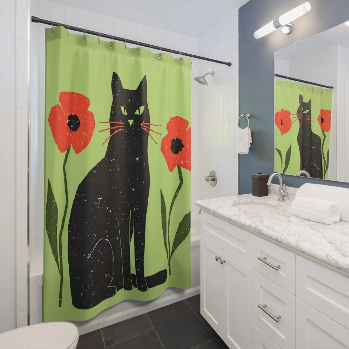 Lime Retro Black Cat Shower Curtain. - 71’’ × 74’’ - Home Decor