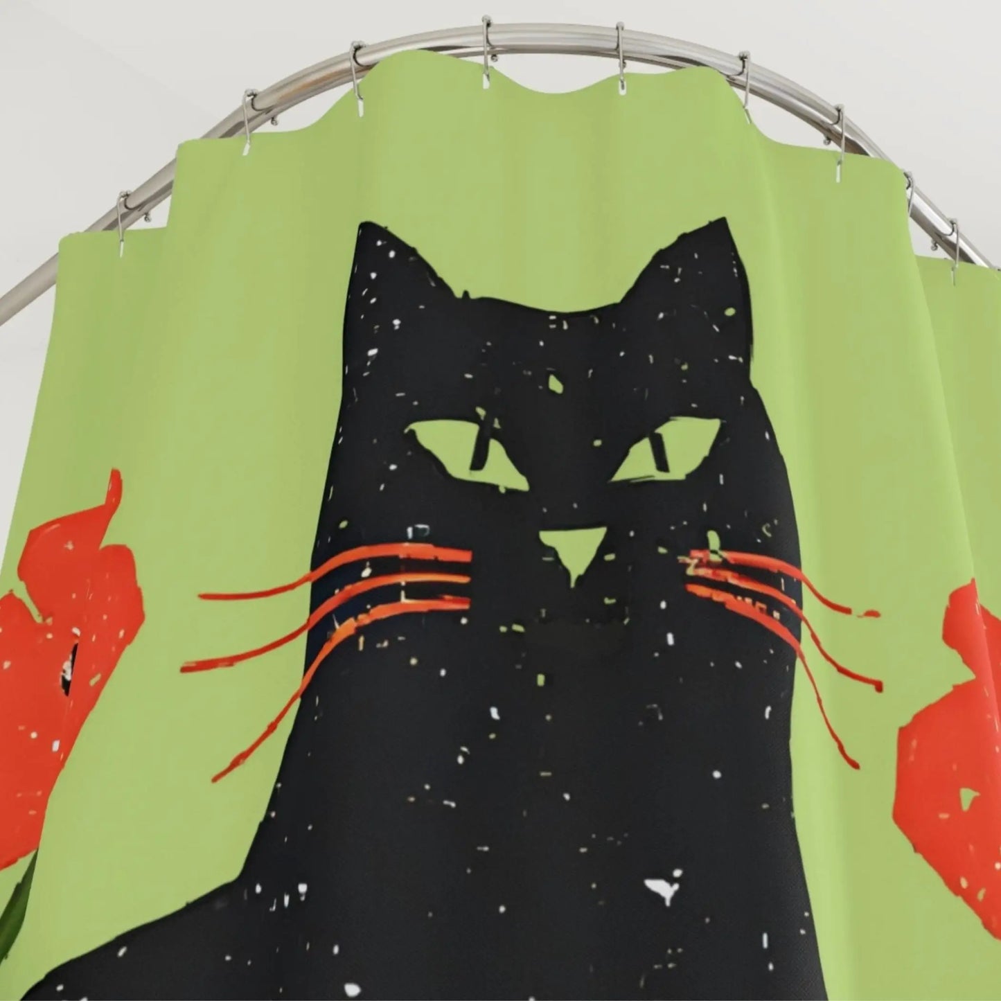 Lime Retro Black Cat Shower Curtain. - 71’’ × 74’’ - Home Decor