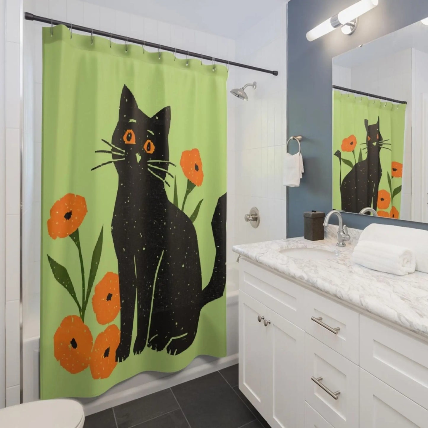 Fun Retro Black Cat Shower Curtain. - 71’’ × 74’’ - Home Decor