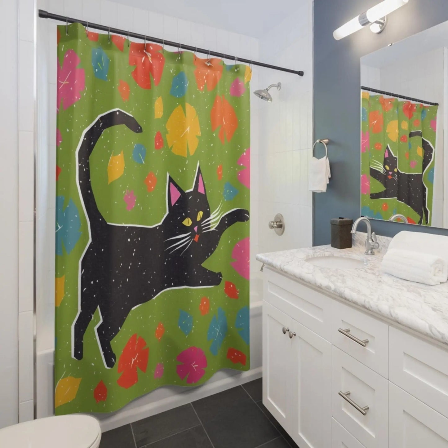 Joyful Retro Black Cat Shower Curtain - 71’’ × 74’’ - Home Decor