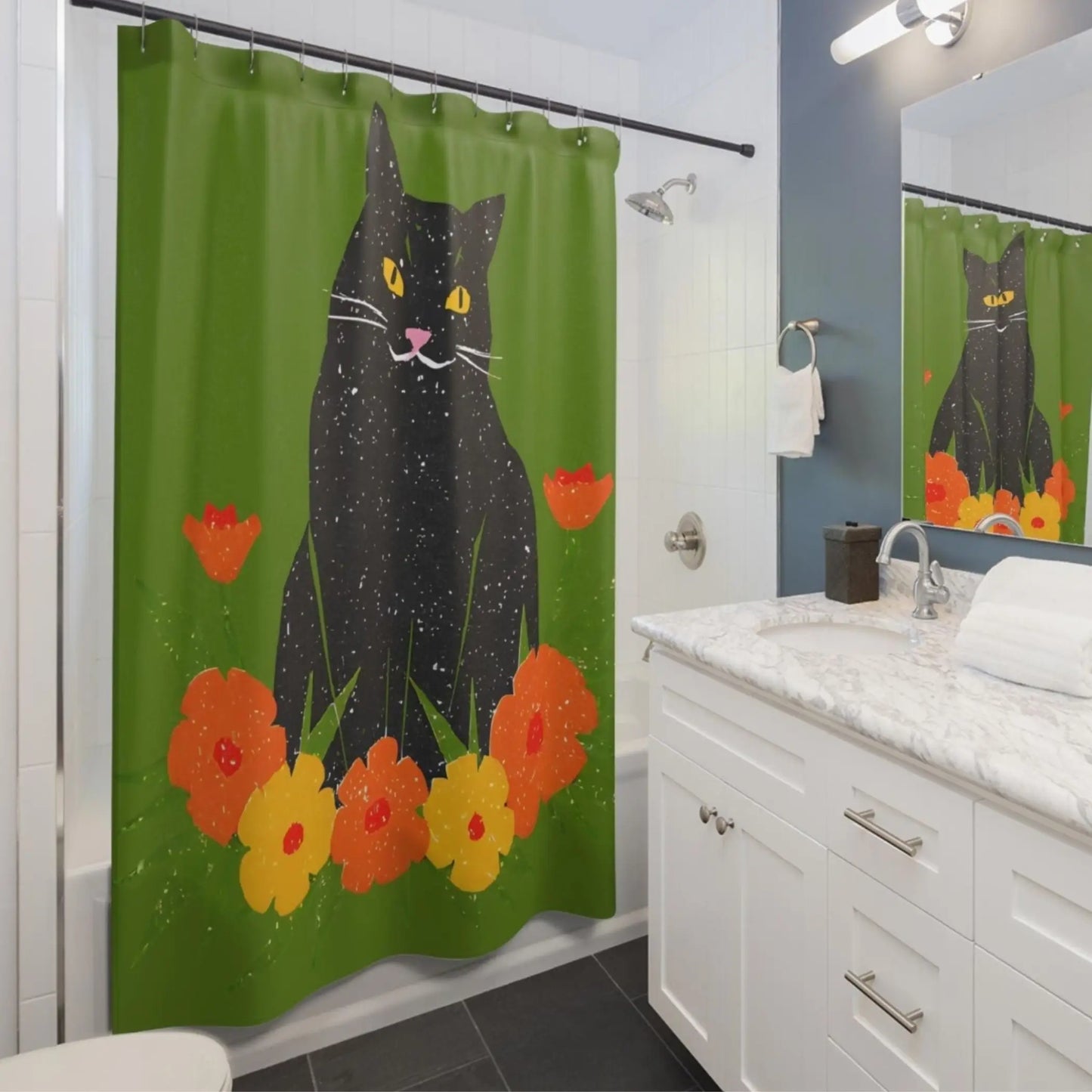 Happy Retro Black Cat Shower Curtain. - 71’’ × 74’’ - Home Decor