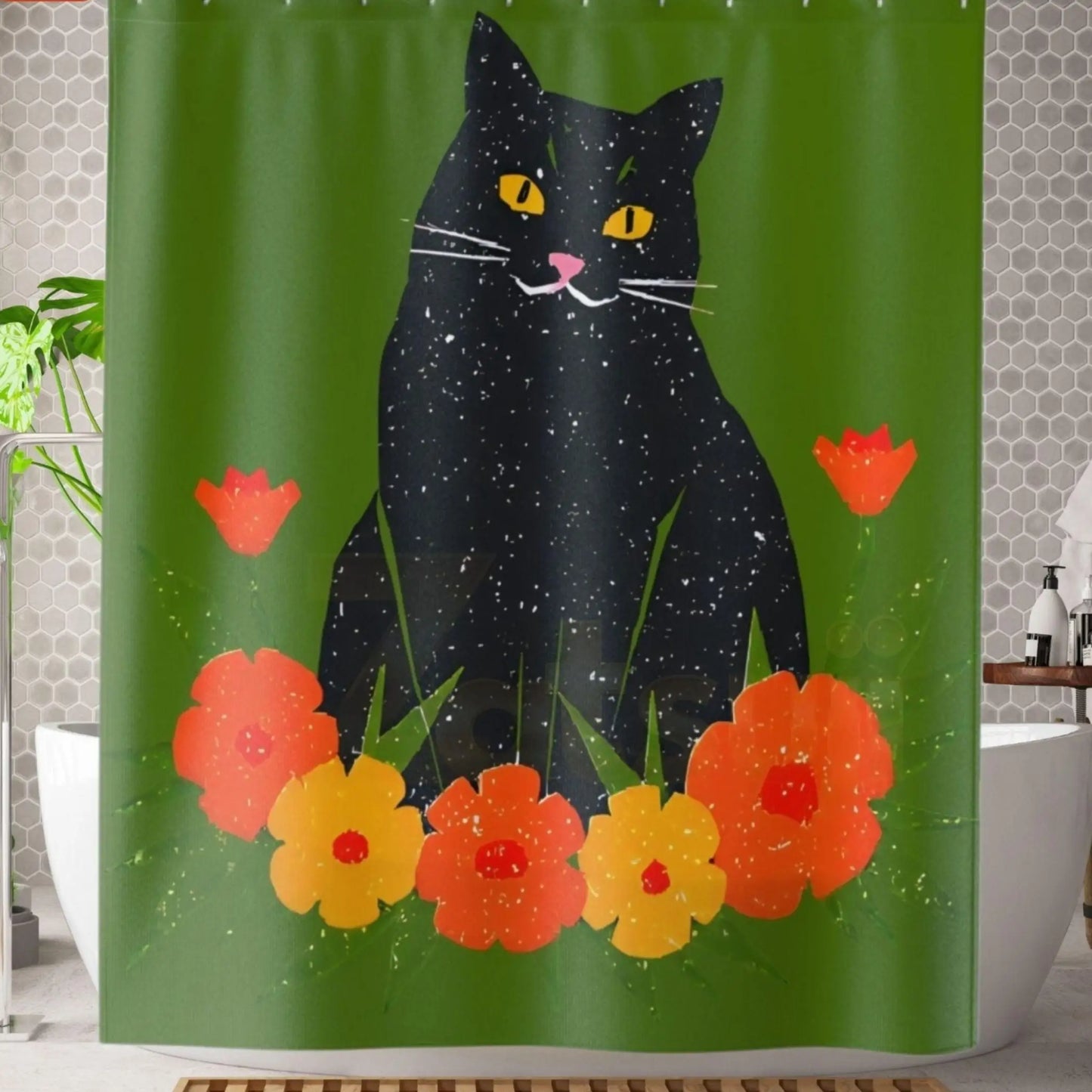 Happy Retro Black Cat Shower Curtain. - 71’’ × 74’’ - Home Decor