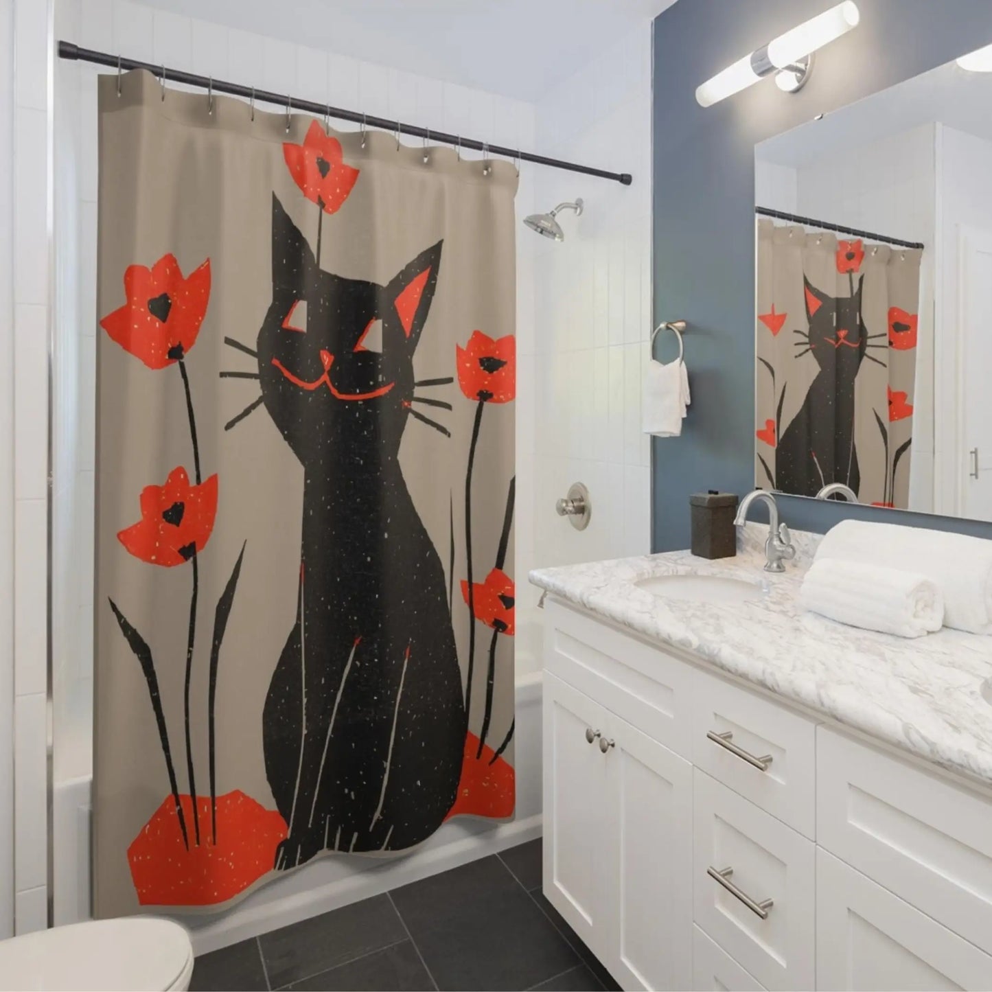 Quirky Retro Black Cat Shower Curtain. - 71’’ × 74’’ - Home Decor