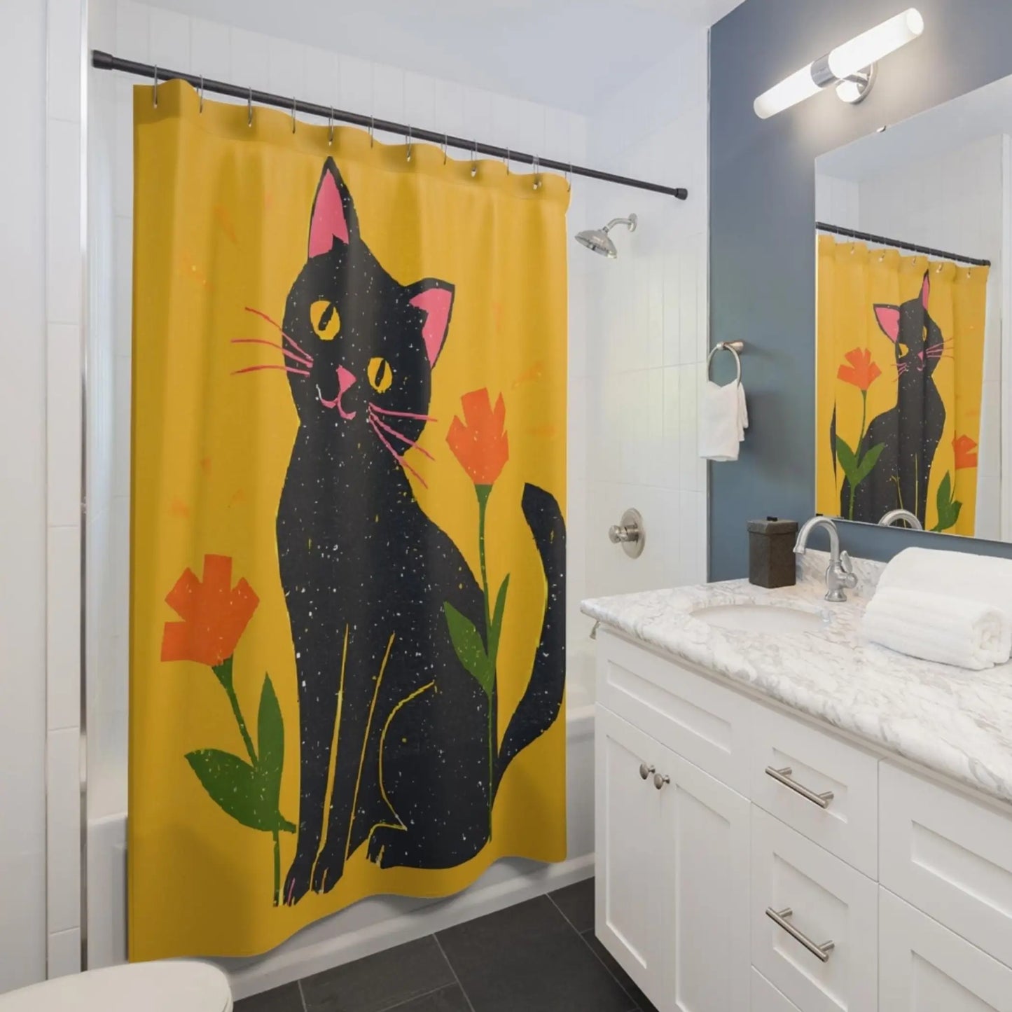 Yellow Retro Black Cat Shower Curtain. - 71’’ × 74’’ - Home Decor