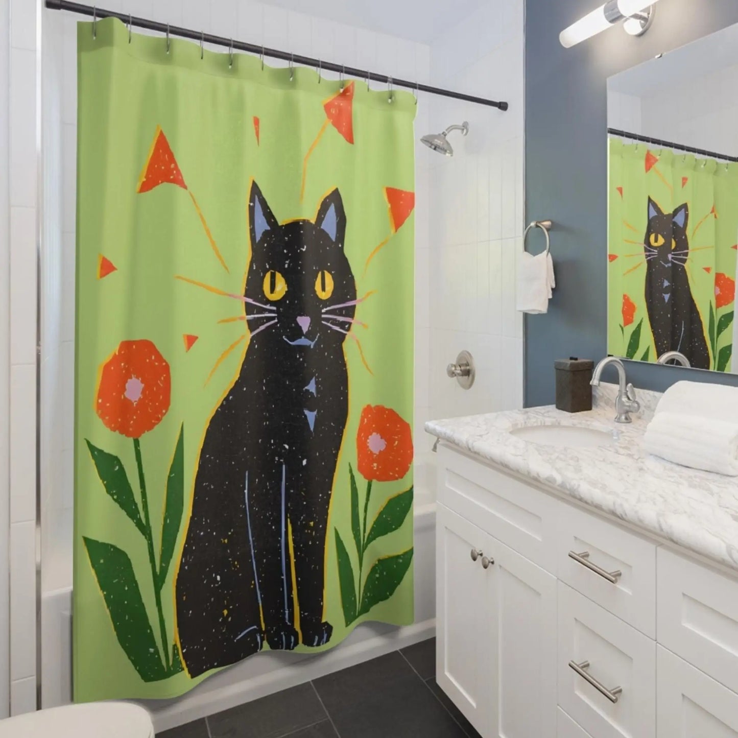Funky Retro Black Cat Shower Curtain. - 71’’ × 74’’ - Home Decor