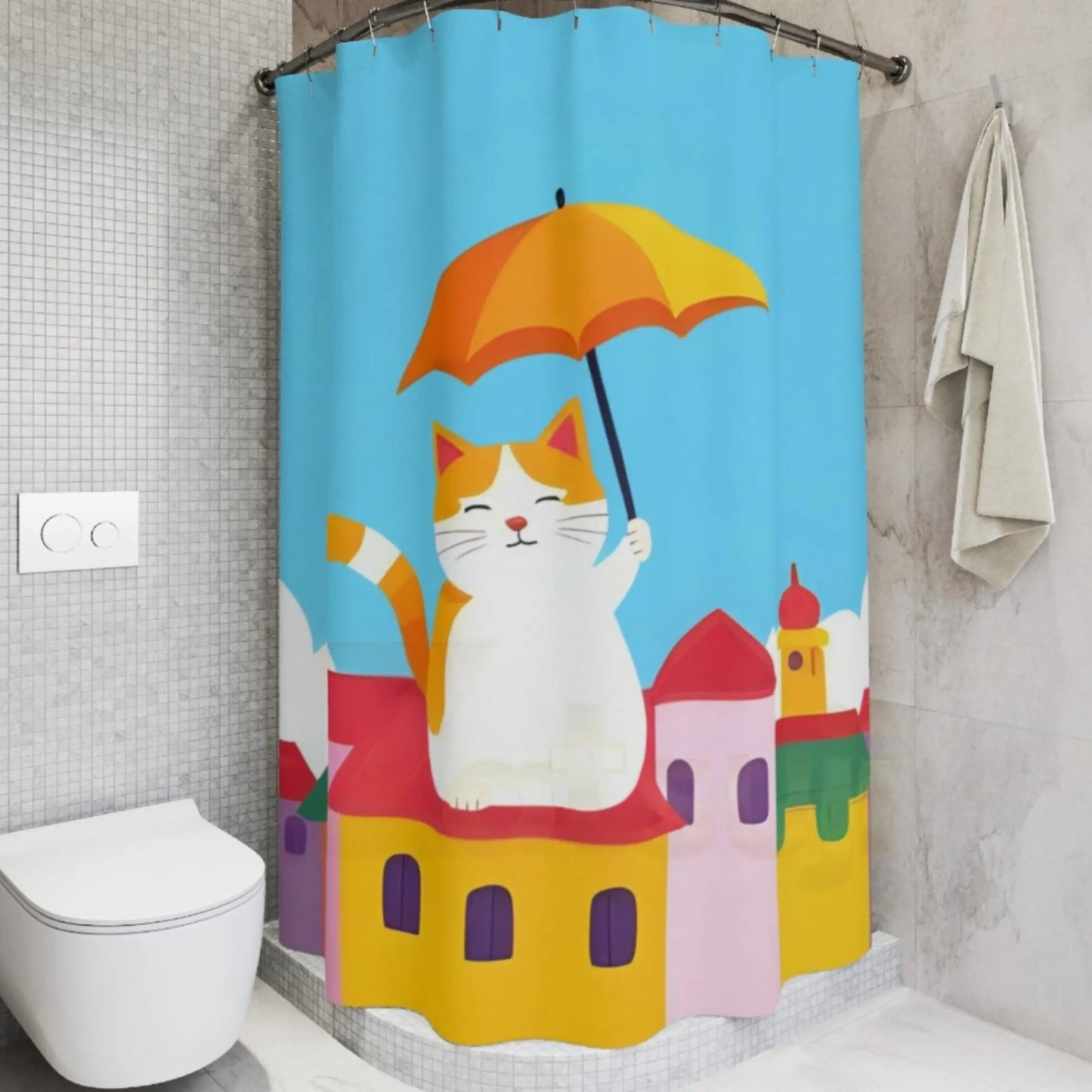 Cute Umbrella Cat Shower Curtain. - 71’’ × 74’’ - Shower curtain