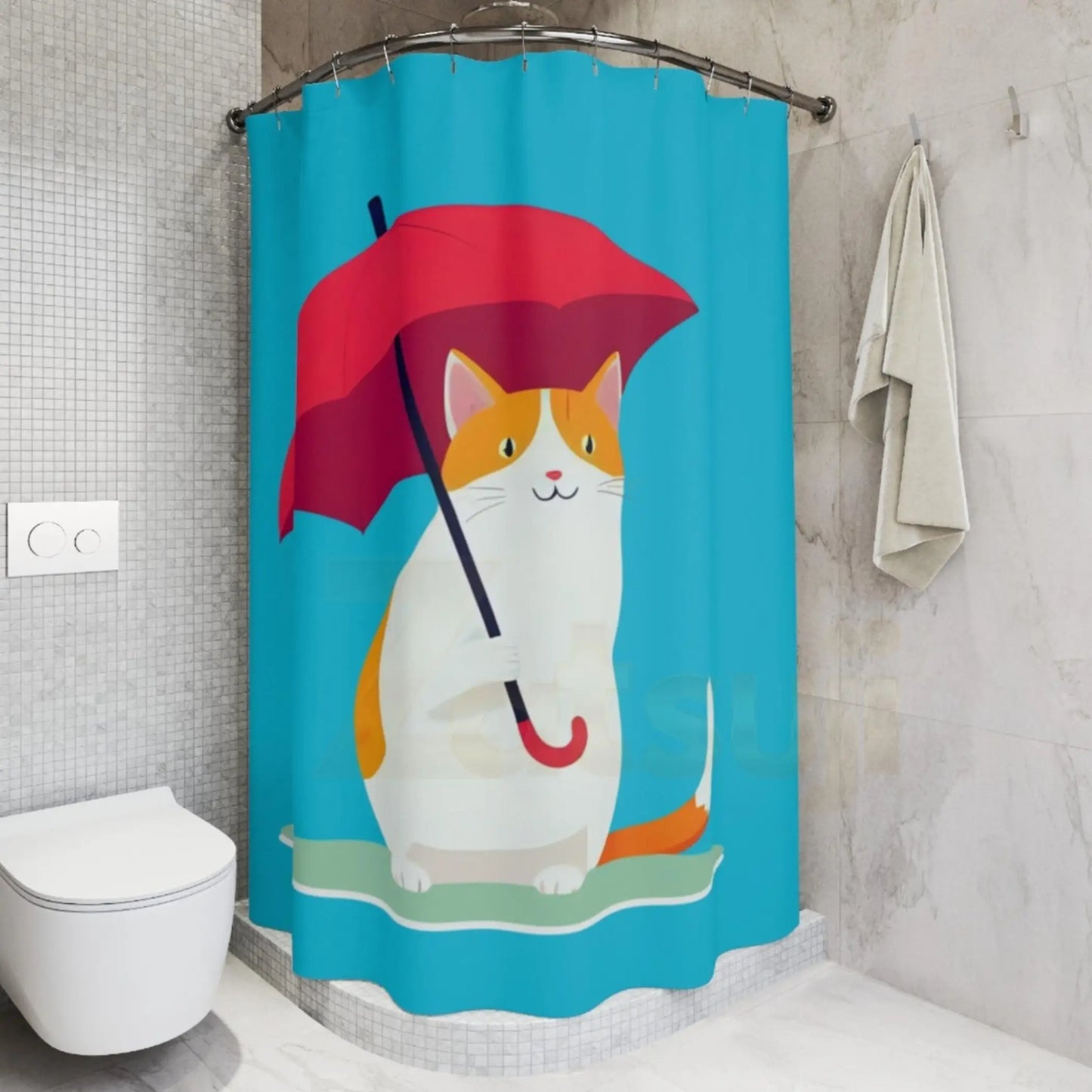 Umbrella Cat Shower Curtain. - 71’’ × 74’’ - Shower curtain