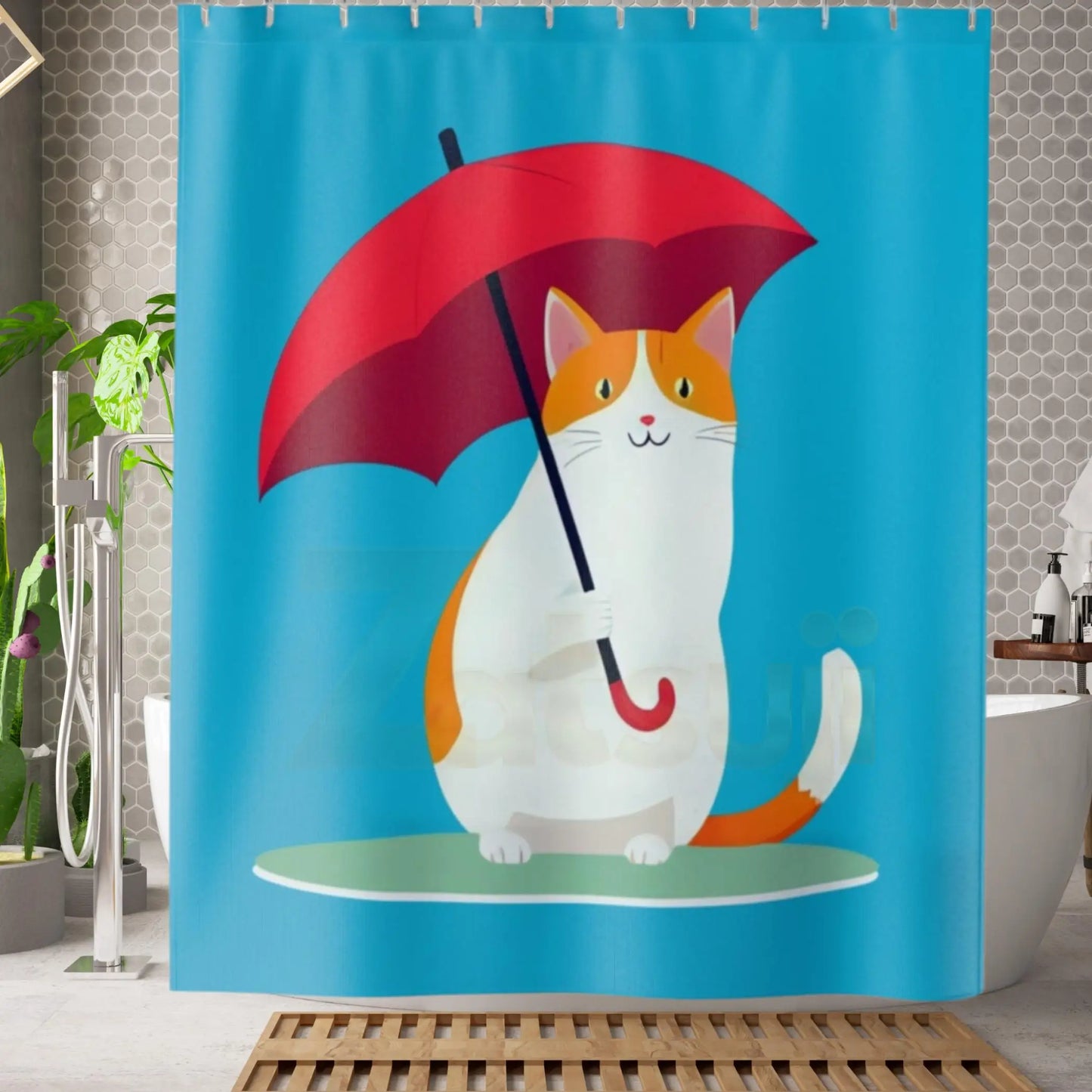 Umbrella Cat Shower Curtain. - 71’’ × 74’’ - Shower curtain
