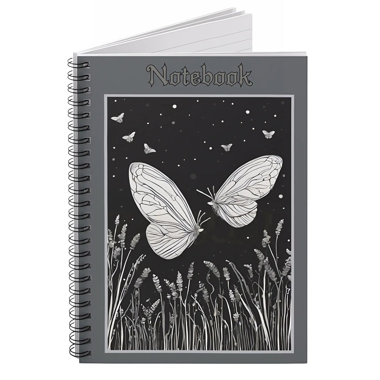 Dark gray with 'Notebook' in gothic text above whimsical night illustration in black and white of two white moths flying over a meadow