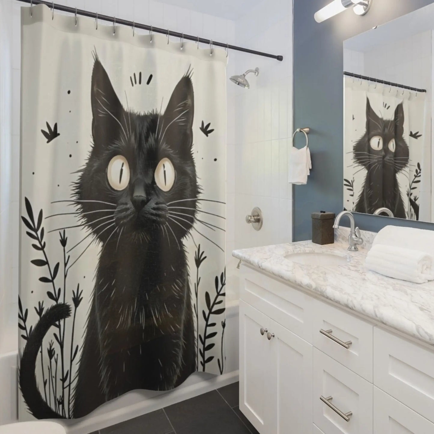 Whimsical Vintage Black Kitten Shower Curtain. - 71’’ × 74’’ - Shower curtain