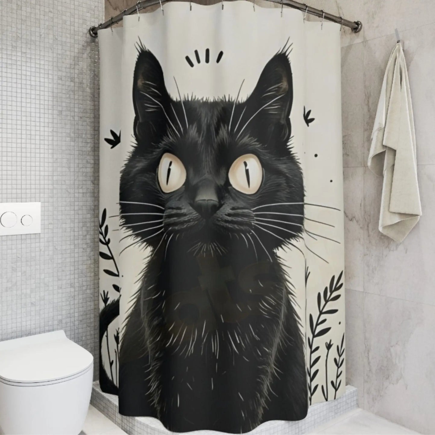 Whimsical Vintage Black Kitten Shower Curtain. - 71’’ × 74’’ - Shower curtain
