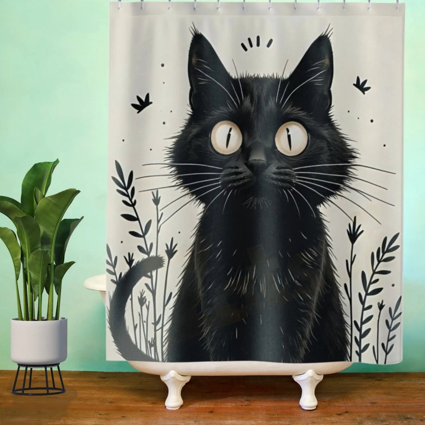 Whimsical Vintage Black Kitten Shower Curtain. - 71’’ × 74’’ - Shower curtain