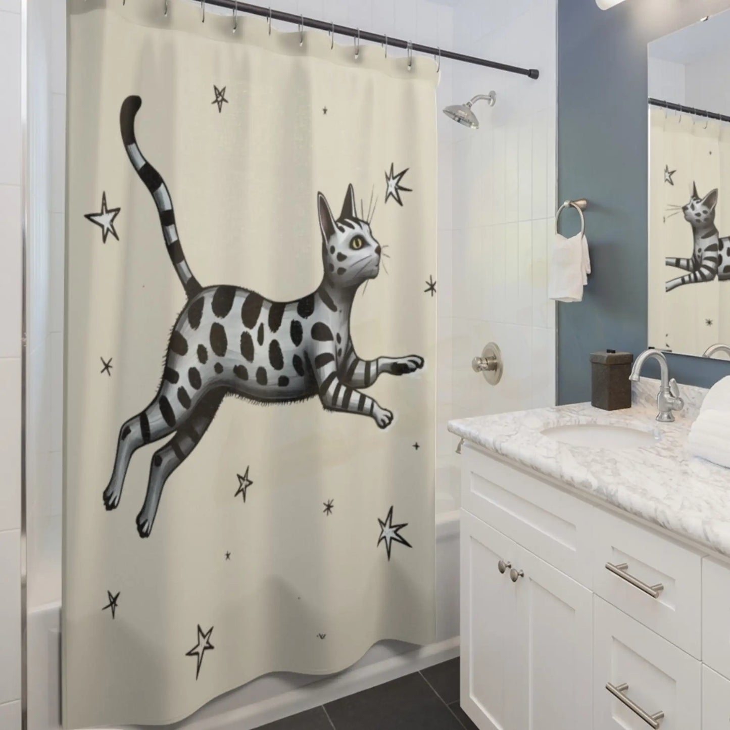 Whimsical Vintage Cat Shower Curtain. - 71’’ × 74’’ - Shower curtain
