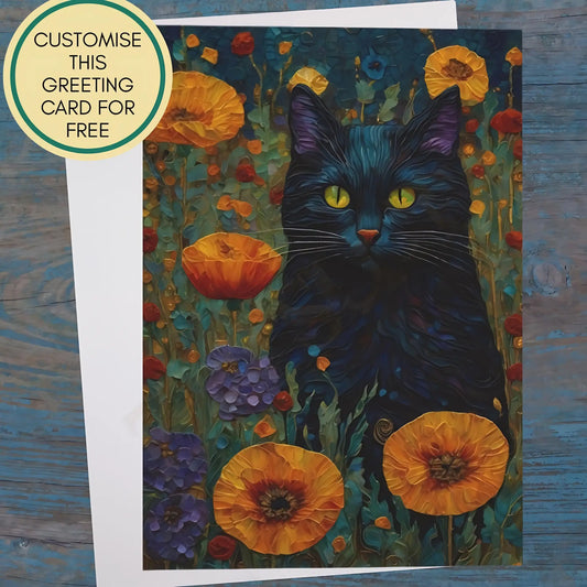 Black Cat and Marigolds Greeting Card. Ships from Australia. - 6.9’’ x 4.9’’ / Glossy / 1 pc - All occasion cards